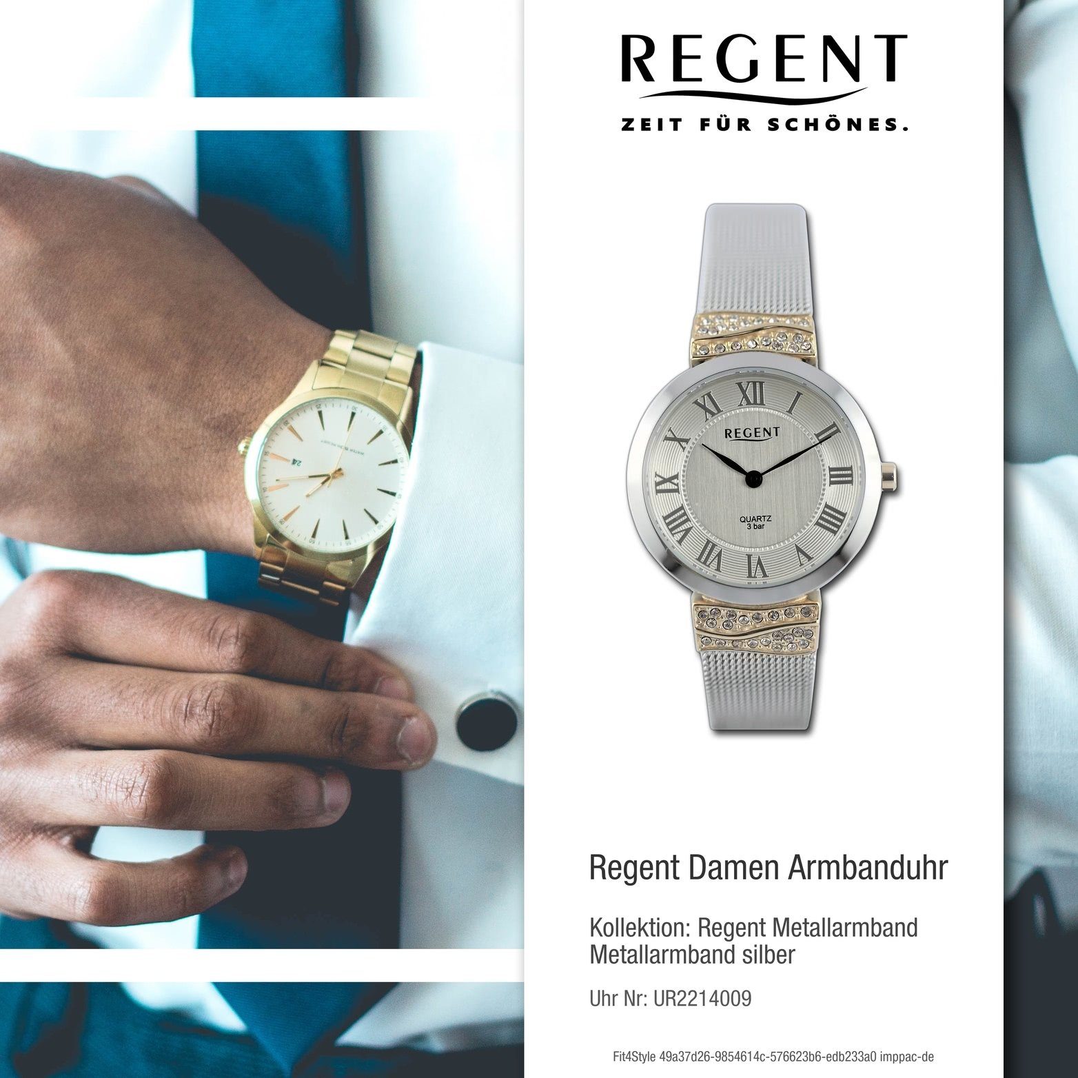 Metallarmband Regent groß Armbanduhr gold, silber, (ca. rundes Gehäuse, Analog, Damen 30mm) Damenuhr Regent Quarzuhr