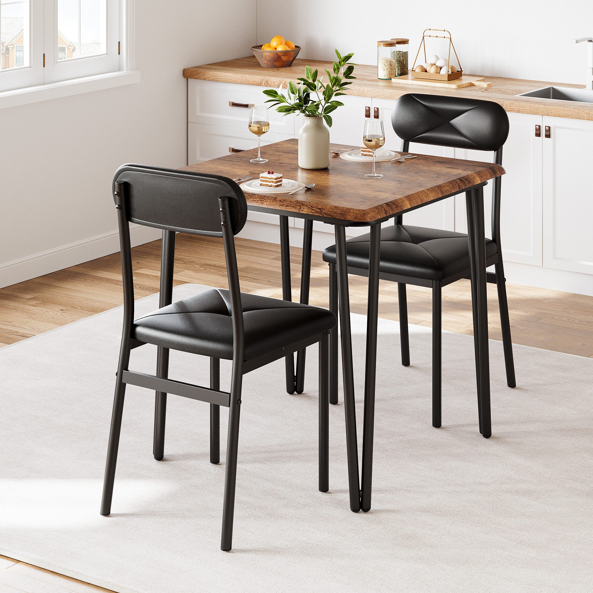 GarveeMore Essgruppe Ktichen Tisch mit 2 Stühlen für Küche & Esszimmer, Kompaktes Esszimmer-Set für kleine Räume(mit 2 Weiches Kissen Stühlen)