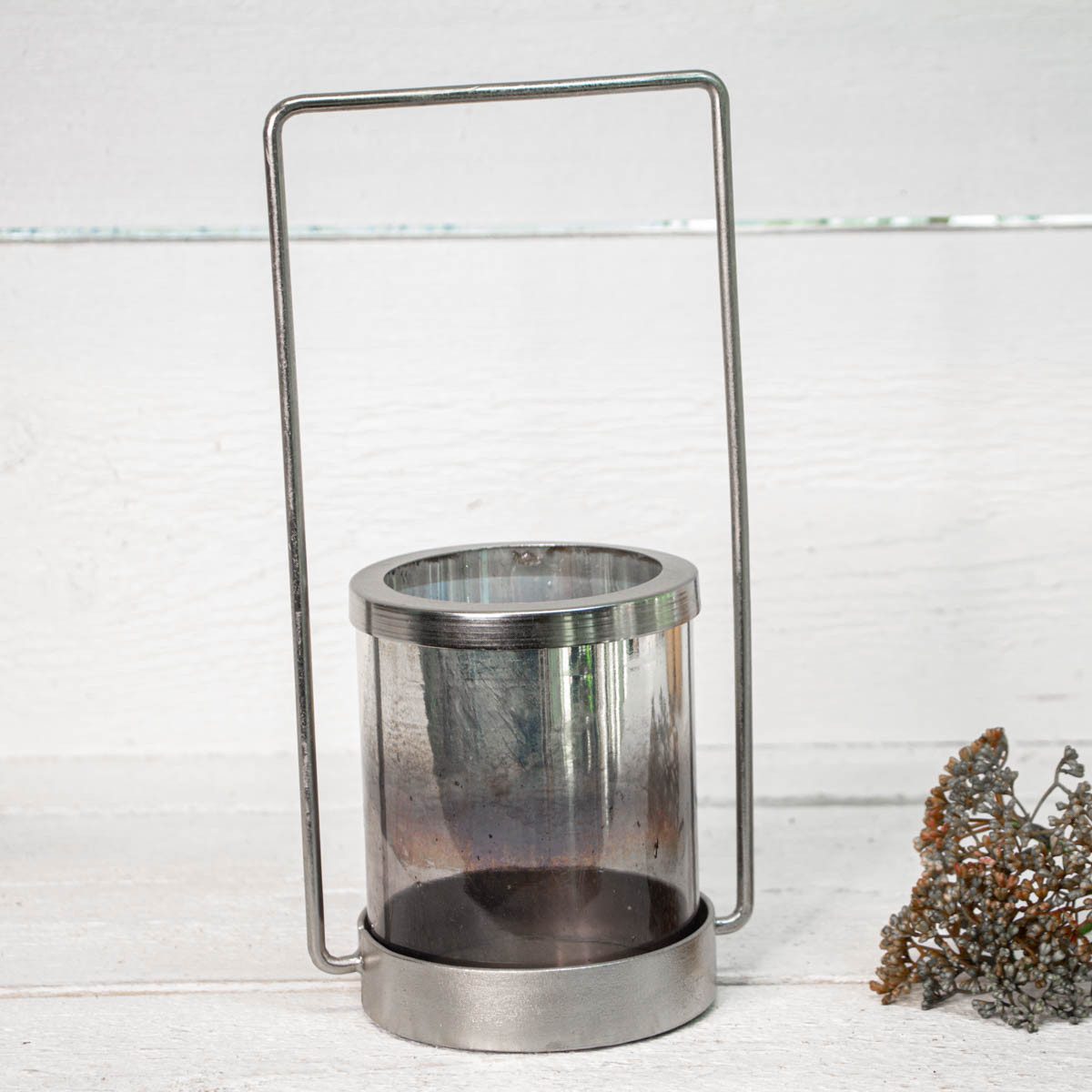 Antikas Kerzenhalter Premium Laterne Metall mit grauem Glas, silbern, H.27 cm