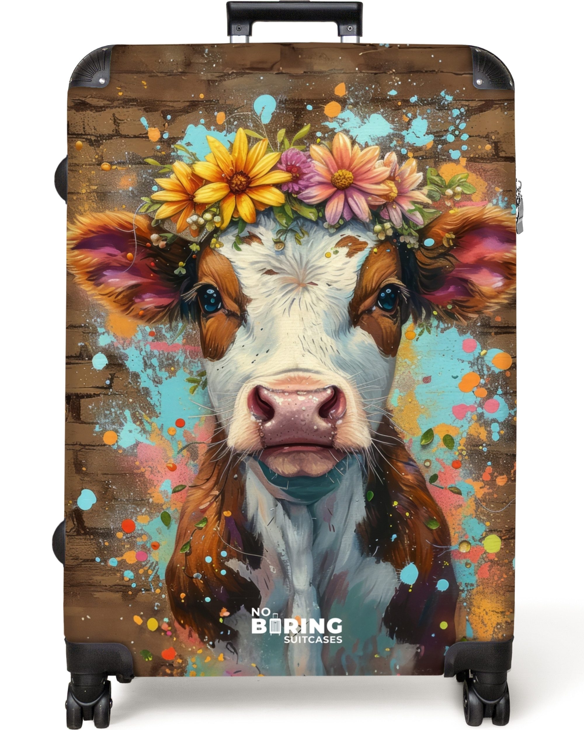 NoBoringSuitcases.com© Hartschalen-Trolley Graffiti-Kuh mit bunten Blumen günstig online kaufen