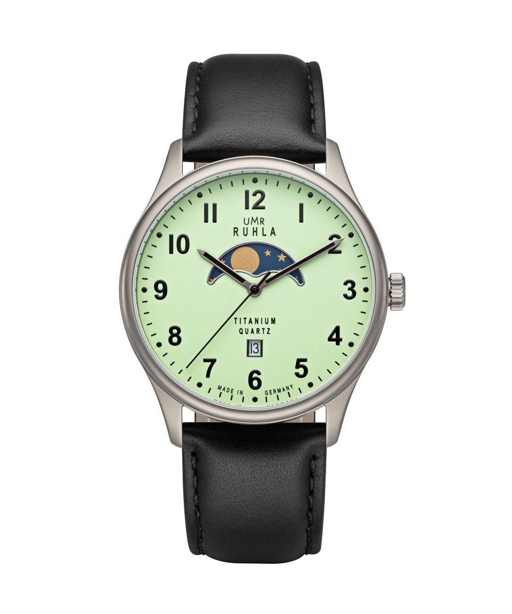 UMR Ruhla Quarzuhr Mondphase Herrenuhr 20910 41,5 mm Grün Lederband Made in Germany