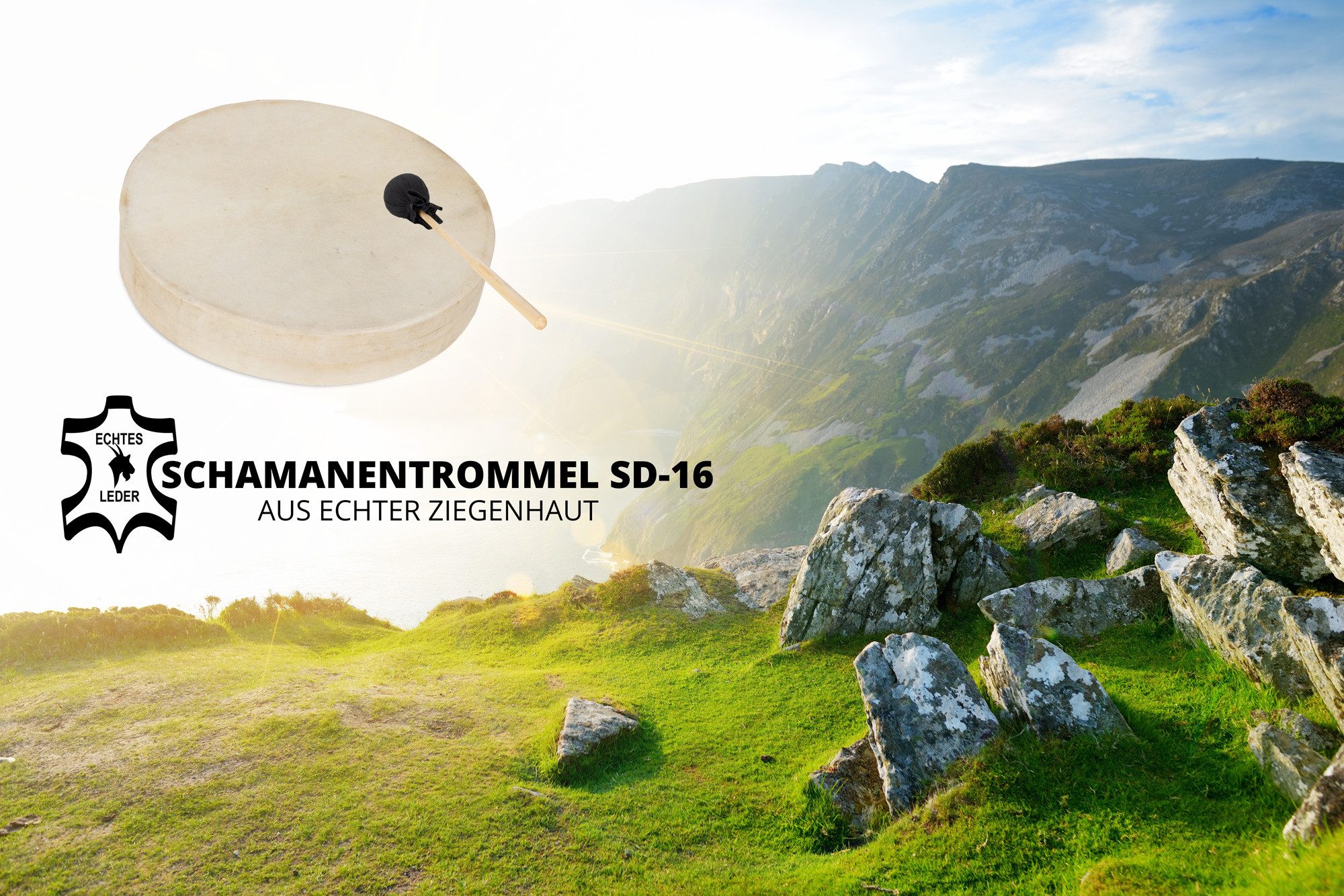 Classic Cantabile Handtrommel Schamanentrommel mit Ziegenfell bespannt - Handtrommel,SD-16, 3-St., Inkl. Schlägel und Tasche, Anregende Wirkung - Mit Haltevorrichtung
