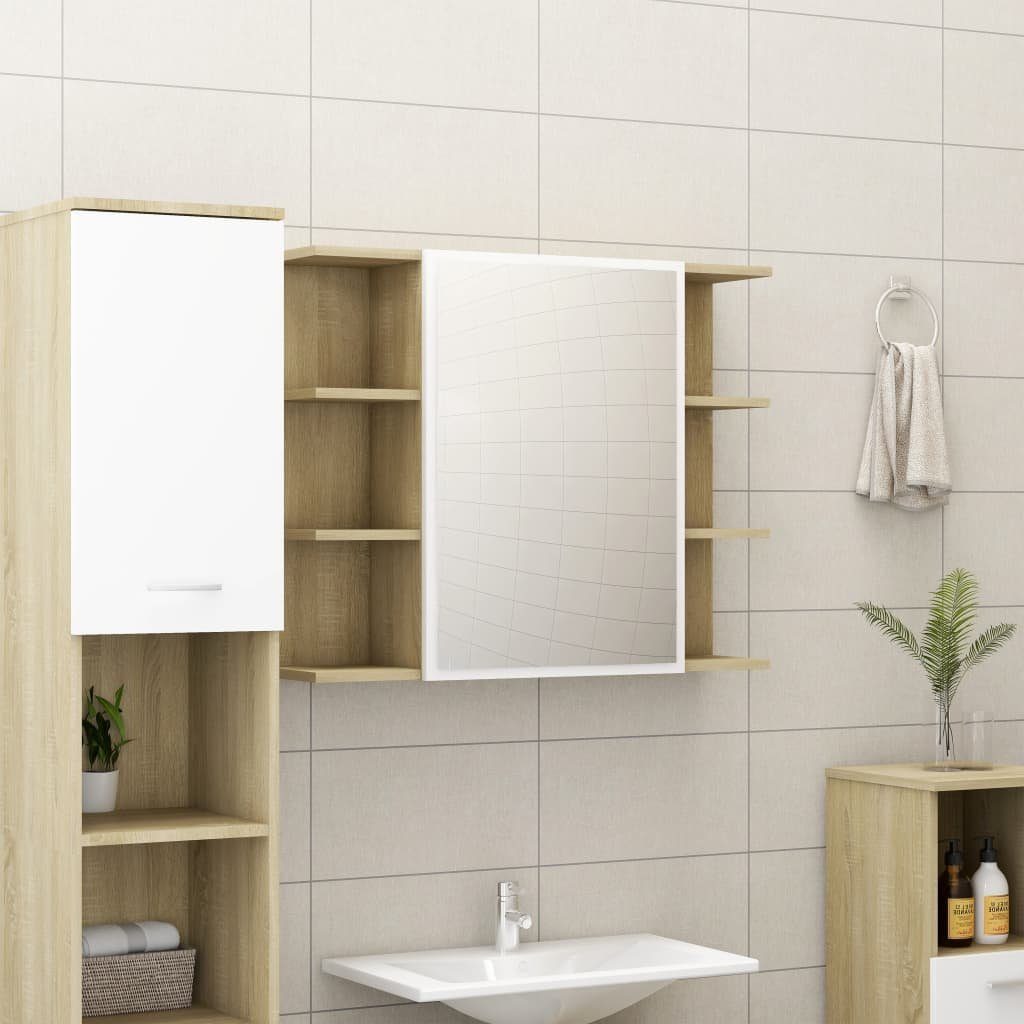 vidaXL Badezimmerspiegelschrank Bad-Spiegelschrank 80x20,5x64cm und Weiß Sonoma-Eiche Weiß Sonoma-Eiche Holzwerkstoff