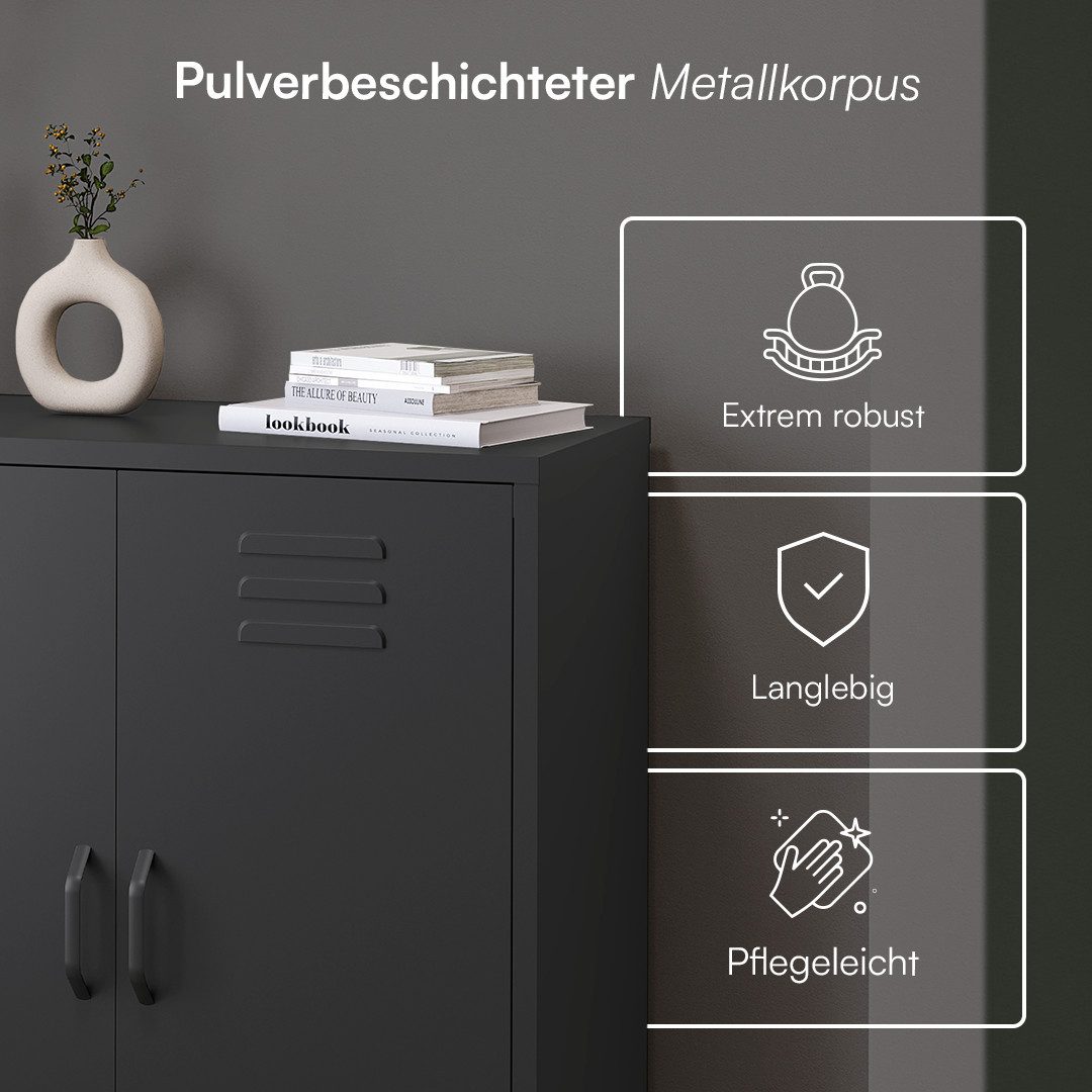 skølm Kommode Atria aus Metall (Schwarz, 3 Fächer), höhenverstellbare Böden, Highboard auch verfügbar mit Schubladen