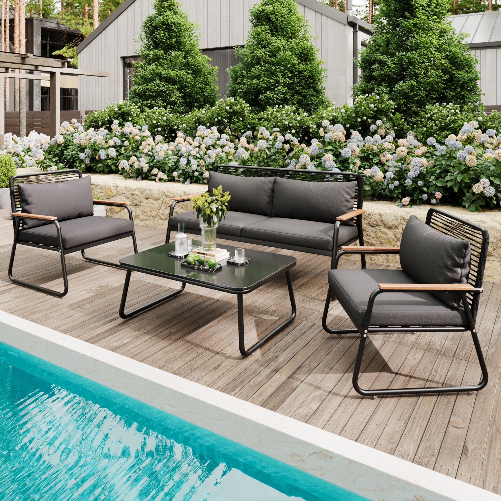 OKWISH Gartenlounge-Set Gartenmöbelset,mit verzinktem Eisengestell, (Gartenmöbel-Set für 4 Personen – Doppelsofa, Einzelsofas & Couchtisch mit verstellbaren Beinen., Doppelsofa: 118*65*78cm Einzelsofa: 63*65*78cm Tisch: 80*50*39cm), mit Relaxfunktion
