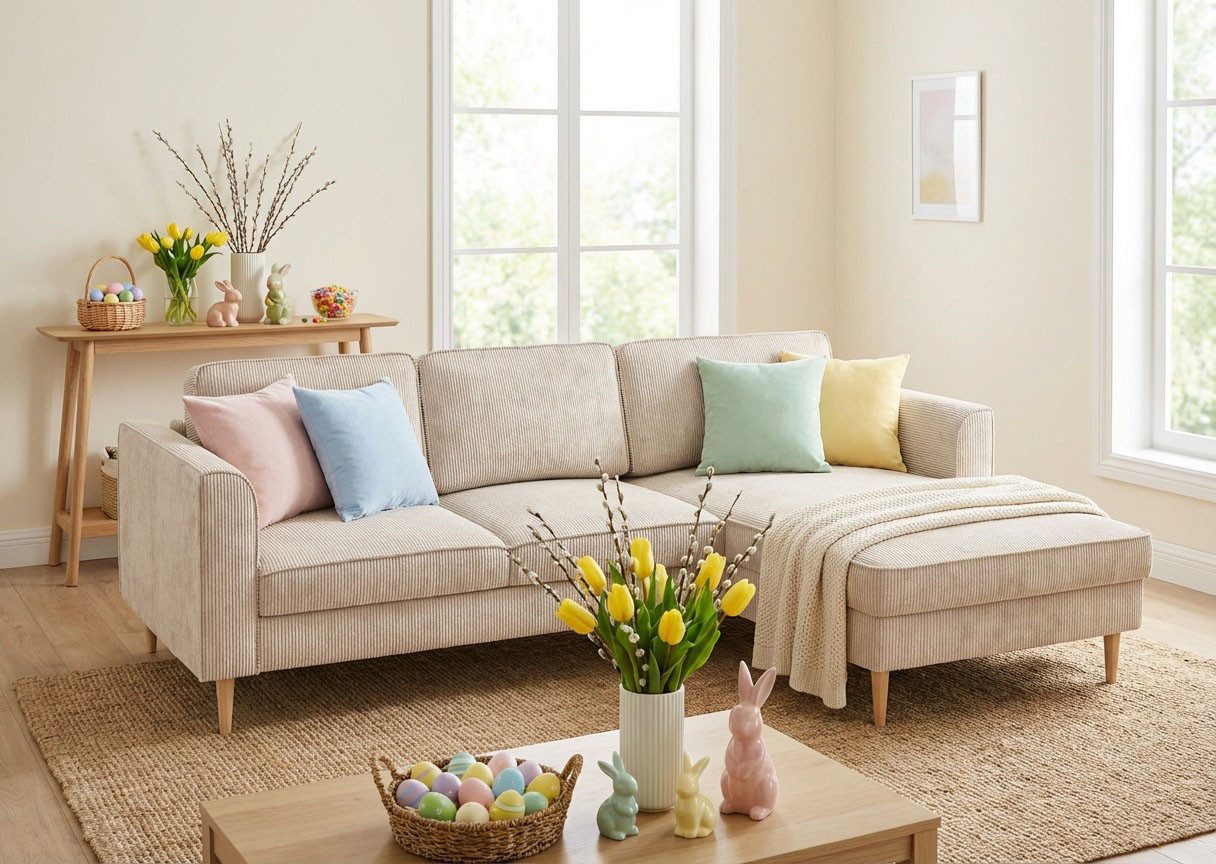 TRENDMANUFAKTUR Ecksofa Amazing, wahlw. mit Schlaffunktion & Bettkasten, Fuß Buche lackiert, Recamiere beidseitig montierbar, L-Form,in Cord o. Struktur, B: 232 cm