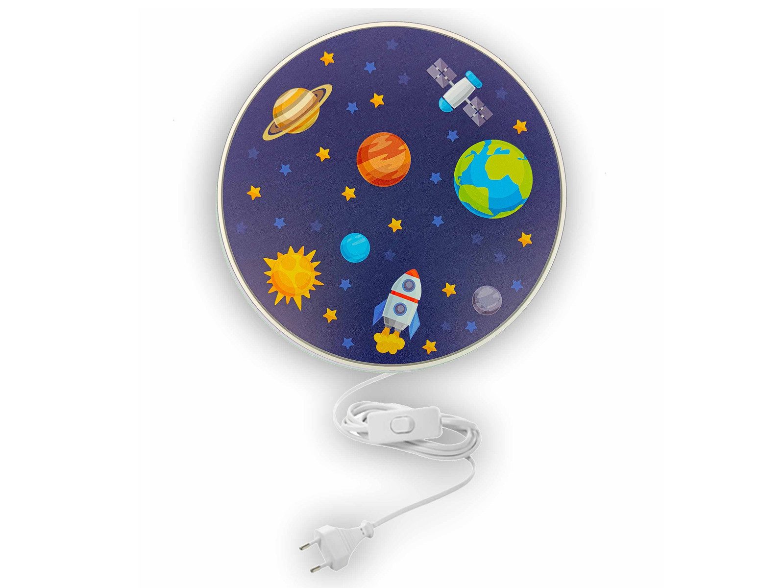 niermann LED Wandleuchte für Kinder mit Schalter & Stecker Ø 25cm, dimmbar, LED wechselbar, Warmweiß, innen Wandlampe mit Kabel & E14 LED Weltallmotiv Wand Nachttischlampe