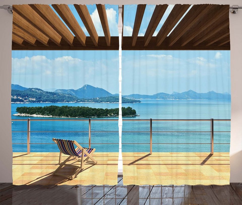 Gardine Schlafzimmer Kräuselband Vorhang mit Schlaufen und Haken,  Abakuhaus, Ozean Balkon Panorama-Meerblick | Fertiggardinen