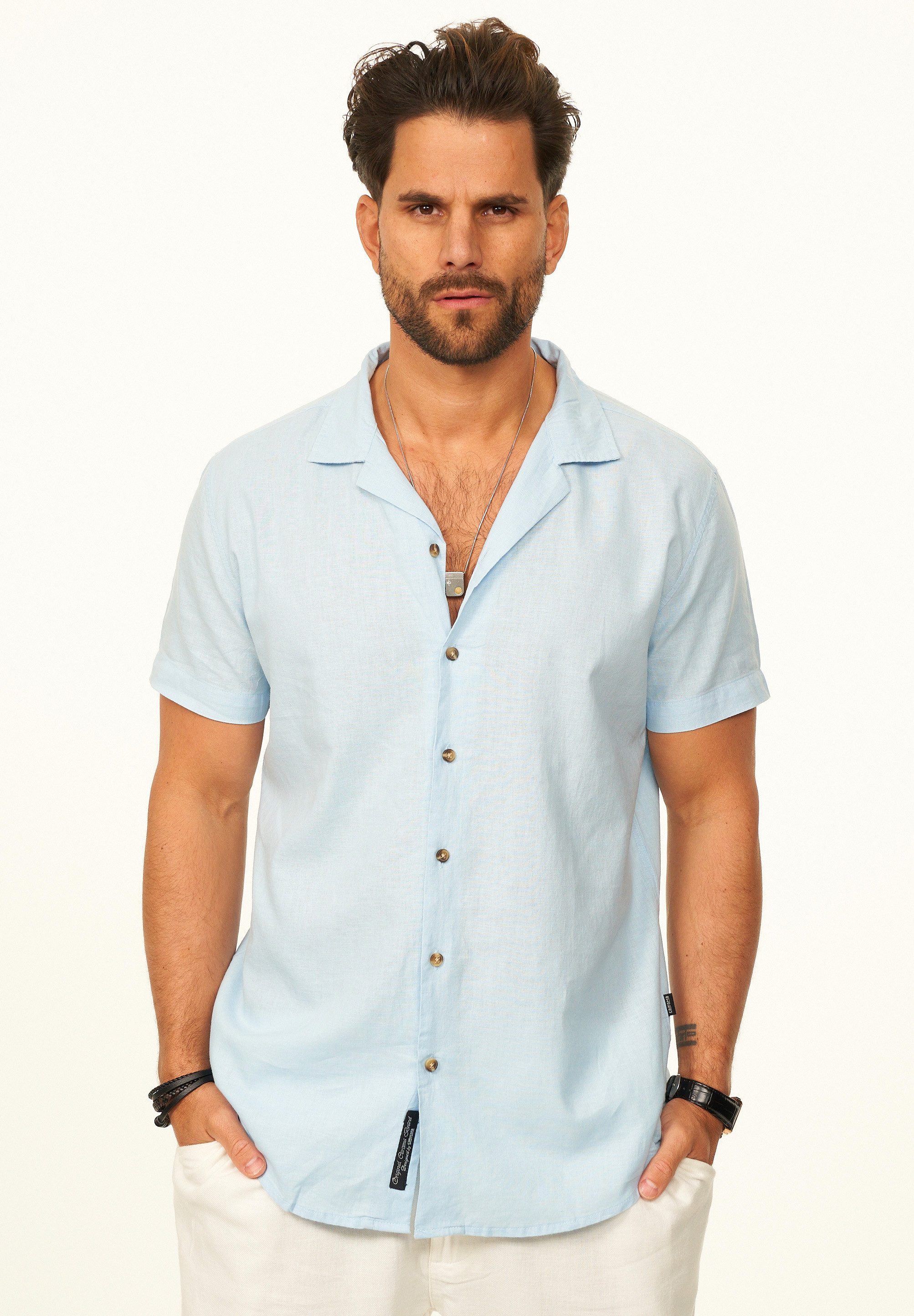 behype Kurzarmhemd aus Leinen Sommerhemd im Regular-Fit Herren Leinenhemd Freizeithemd mit offenen Reverskragen