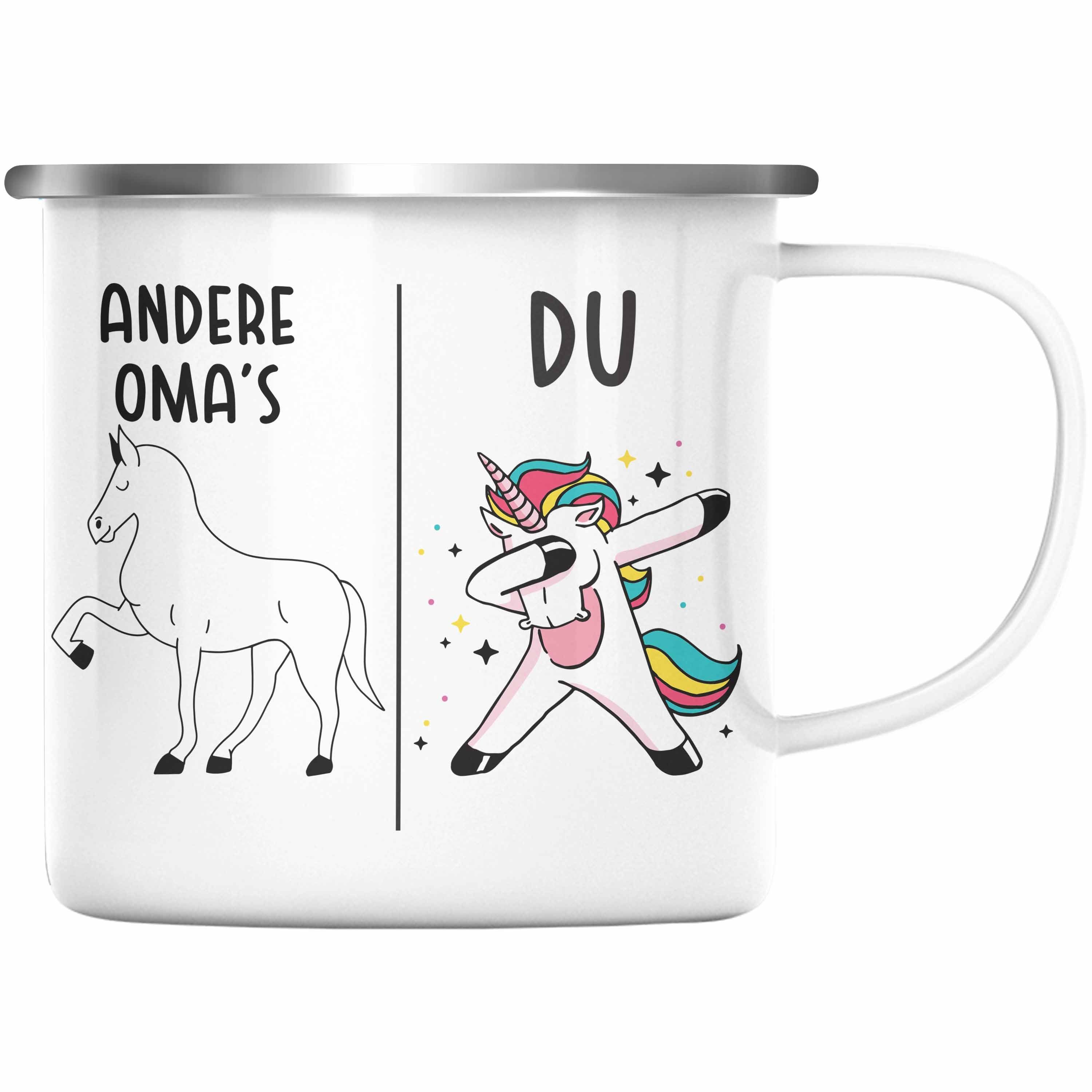 Trendation Thermotasse Trendation - Oma Emaille Tasse Lustig Geschenk mit Spruch Beste Großmutter KaffeeEmaille Tasse Einhorn Silber