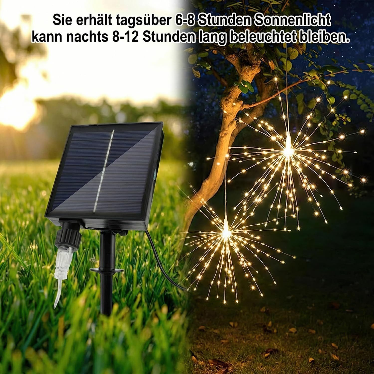 ibettertec LED Solarleuchte 4 Stück LED Solar Gartendeko Solarlampen Garten 80 LED Feuerwerk, 26cm Feuerwerk hängend, LED fest integriert, gartendeko, solarlampen für außen, Bunt, Warmweiß, Leuchtmittel, Wetterfest Pusteblume Solarlampen 8 Modi mit Erdspieß 4 Stück
