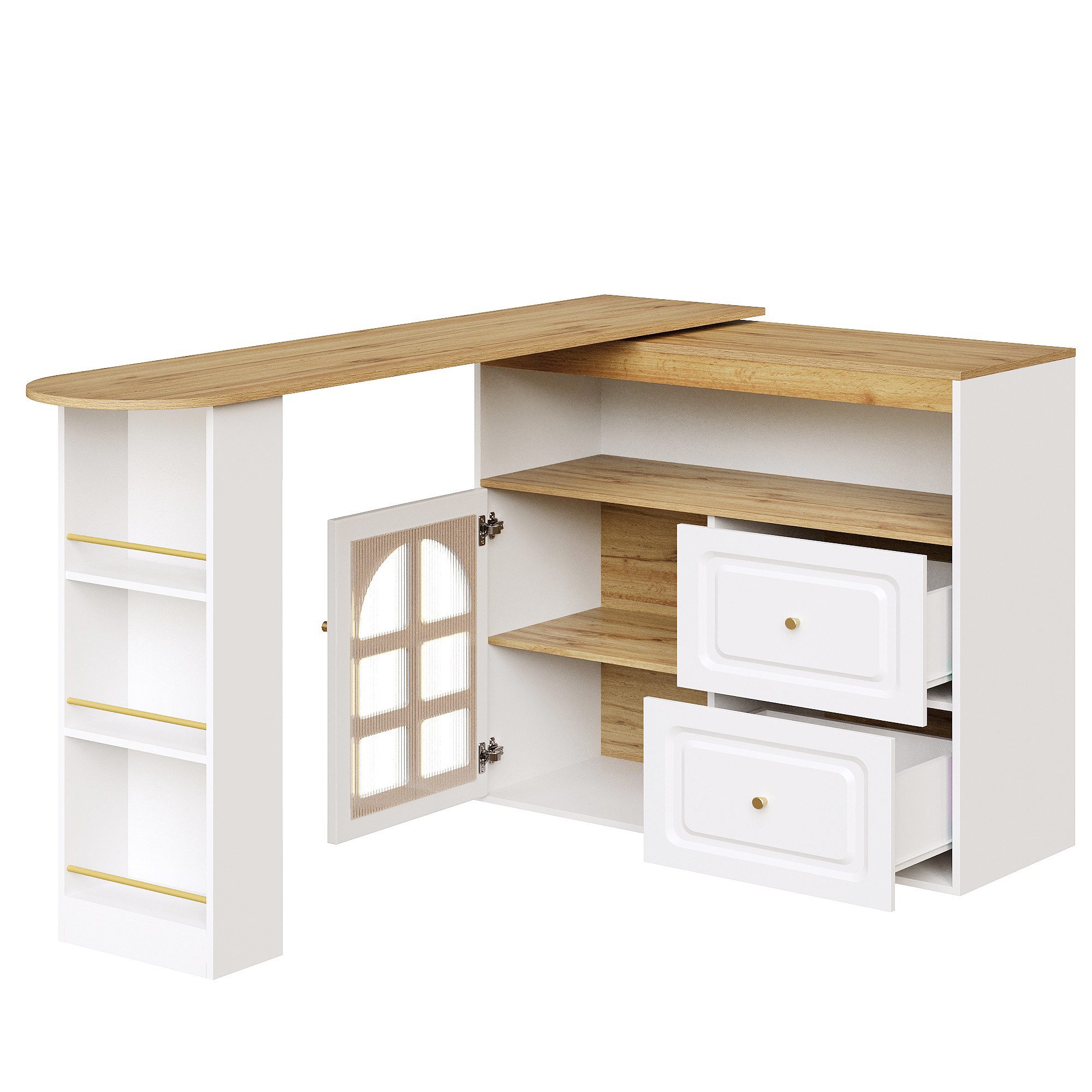 KLAM HOME Bartisch 360° drehbare Essbar mit 2 Schubladen, Snackregal, offenes Ablagefach (Drehbarer Sideboardschrank mit Regalen und Bogenglas, schwarz), Geeignet für Schlafzimmer, Wohnzimmer, Esszimmer