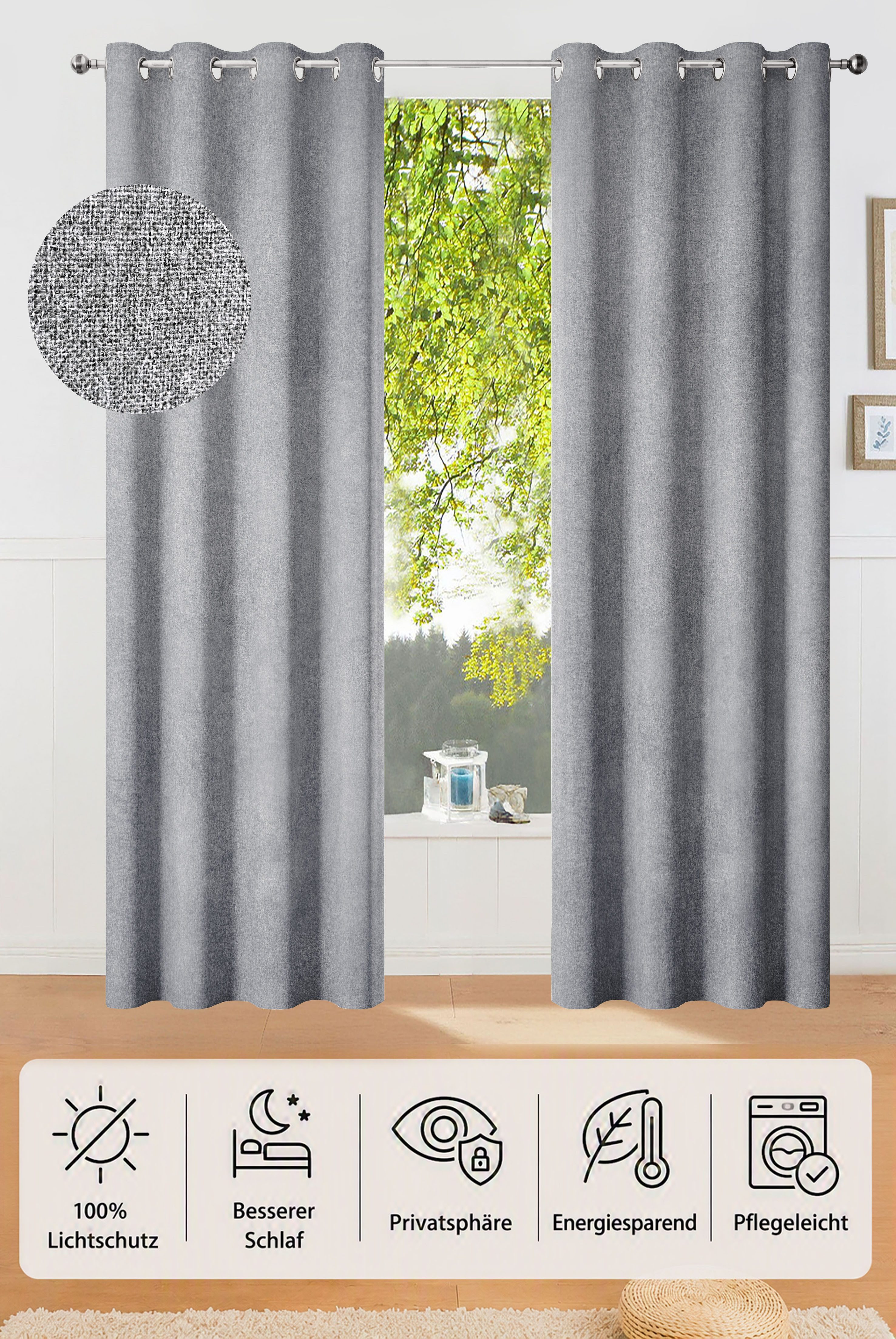 OTTO home Verdunkelungsvorhang Ronnel, 100% Lichtschutz (2 St), Ösen, verdunkelnd, Polyester, einfarbig, Wohnzimmer, Schlaf/-Kinderzimmer, 100% verdunkelnd