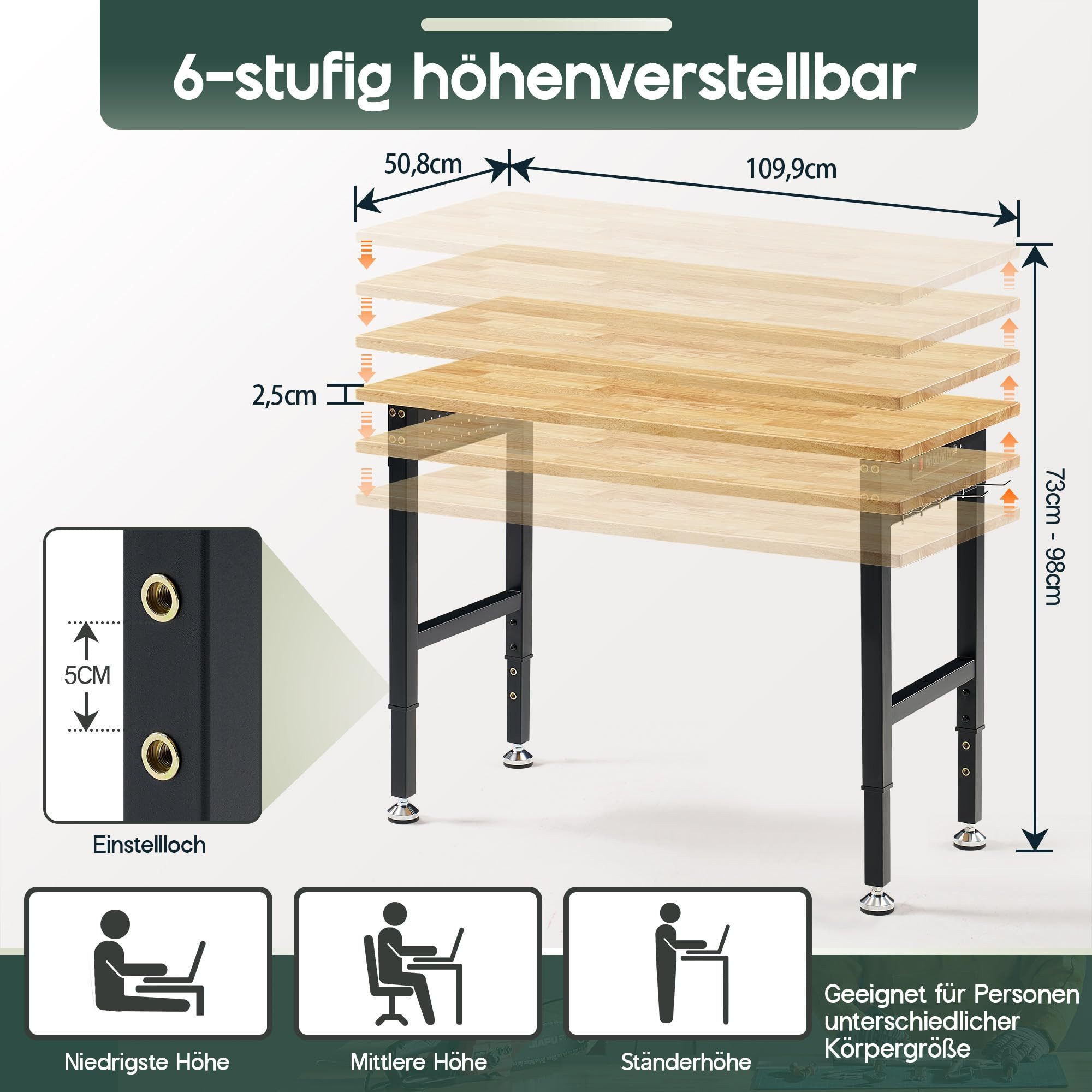 AMERLIFE Werkbank Werktisch Garagentisch Arbeitstisch, höhenverstellbar, 4 AC/2 USB, (1-tlg), 110x51 cm, bis 907,2 kg, Gummiholz