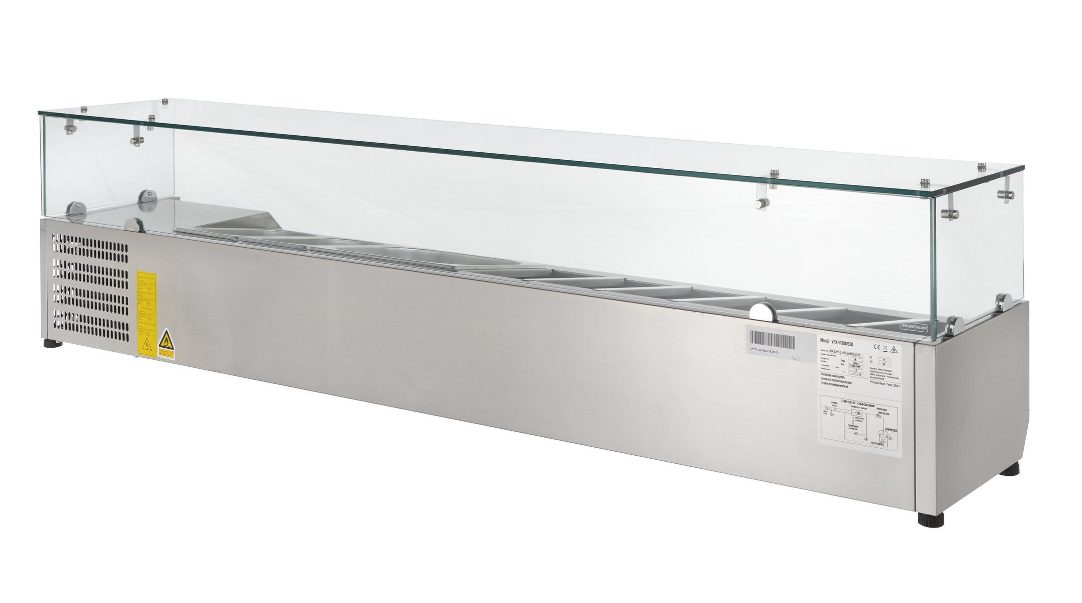 GastroHero Dönergrill Kühlaufsatz Gastronomie Edelstahl 140 cm mit Glasaufsatz 6 x GN 1/4, 145 W, Pizzakühlaufsatz, Belegstation, statische Kühlung, +2 bis +10 °C