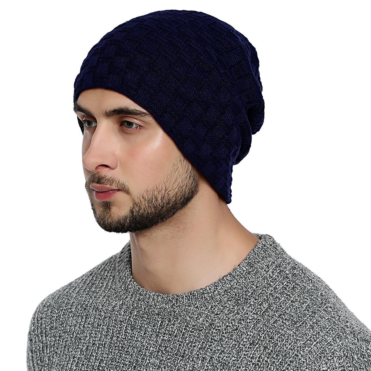 DonDon 1-St) Beanie Winter long und Wintermütze, mit (Packung, Flechtmuster Beanie dunkelblau Teddyfleece geflochten Herren