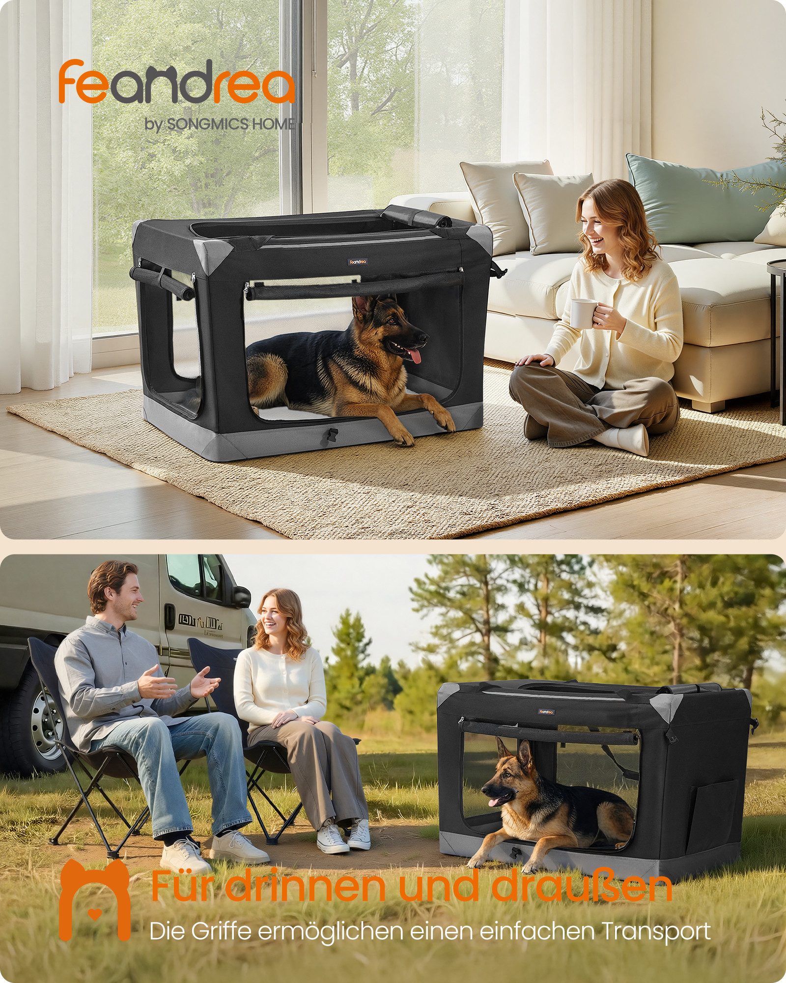 FEANDREA Hunde-Transportbox Hundebox faltbar, Hundetasche, Oxford-Gewebe, tintenschwarz-taubengrau, mit 4 Türen aus Netzstoff, Griffen, Tasche, 106,7 cm, für große Hunde