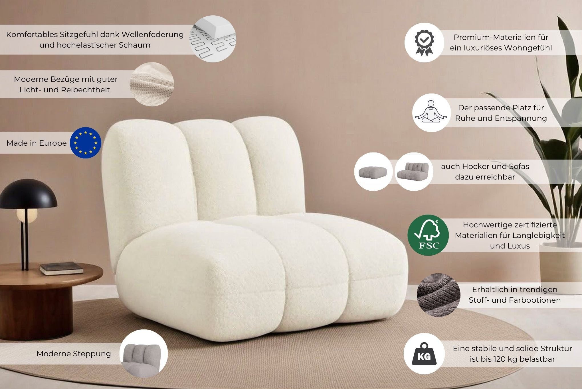 LeGer Home by Lena Gercke Sessel Priya Loungesessel, moderne Steppung, auch in Bouclé, perfektes Einzelstück, gemütlich und modern, B/T/H: 102,5/106,5/83 cm