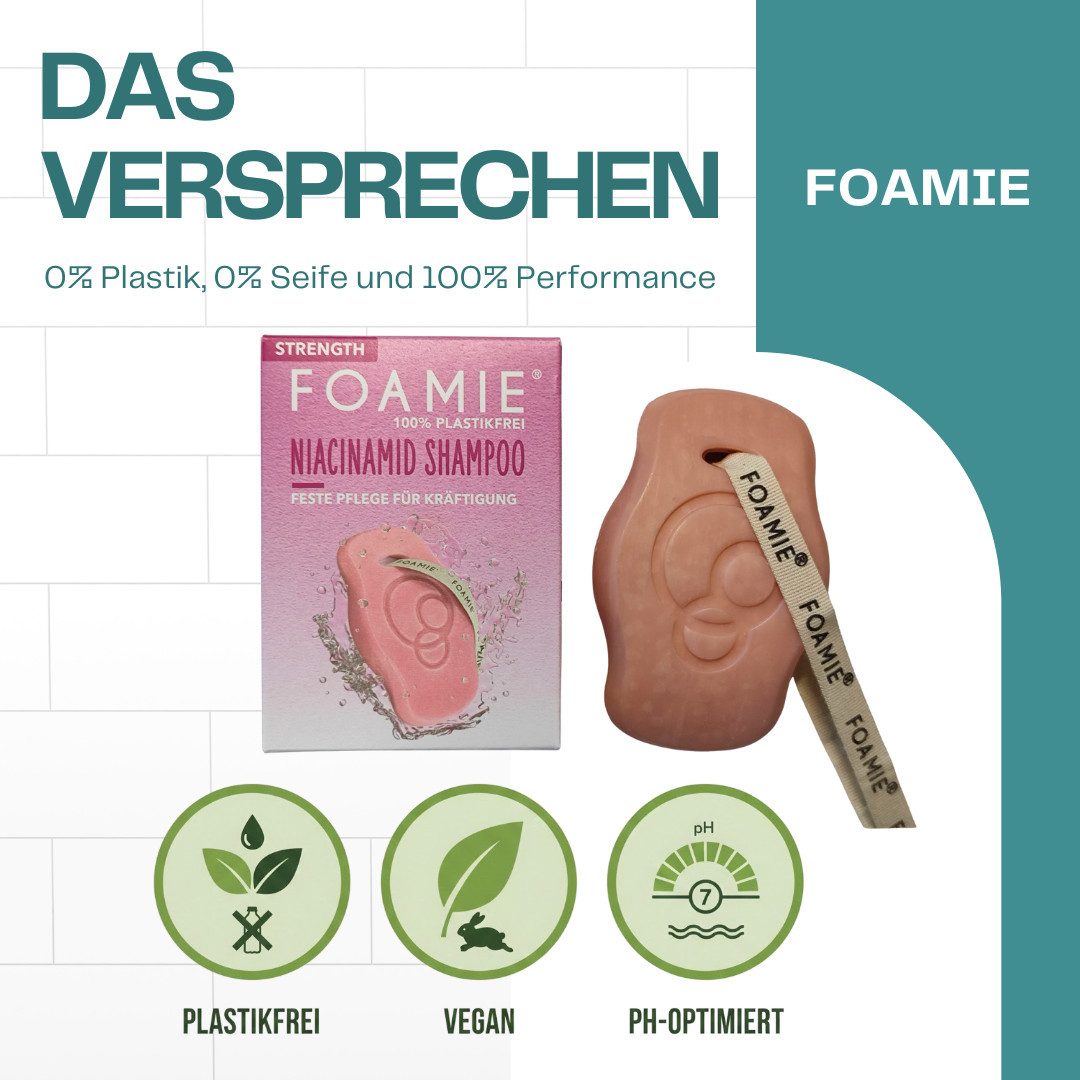 FOAMIE Festes Haarshampoo Foamie Festes Shampoo ohne Plastik - Niacinamid, kraftloses Haar, 80 g, Vegan, Tierversuchsfrei, ohne Silikone, Parabene, Sulfate