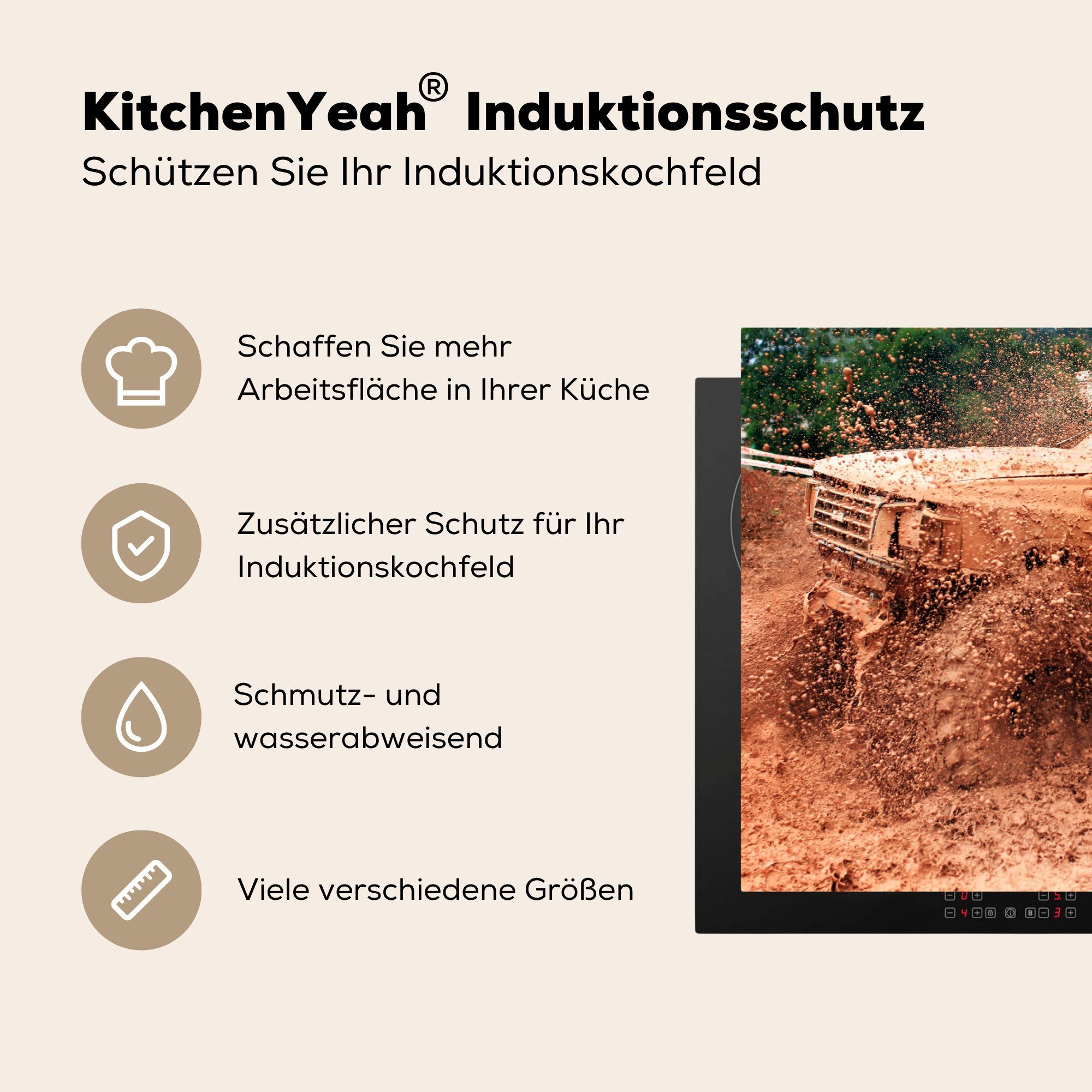 MuchoWow Herdblende-/Abdeckplatte Induktionskochfeld Schutz für küche, (1 Auto 81x52 cm, tlg), die Ceranfeldabdeckung - Räder, Schlamm - - Rennen Vinyl