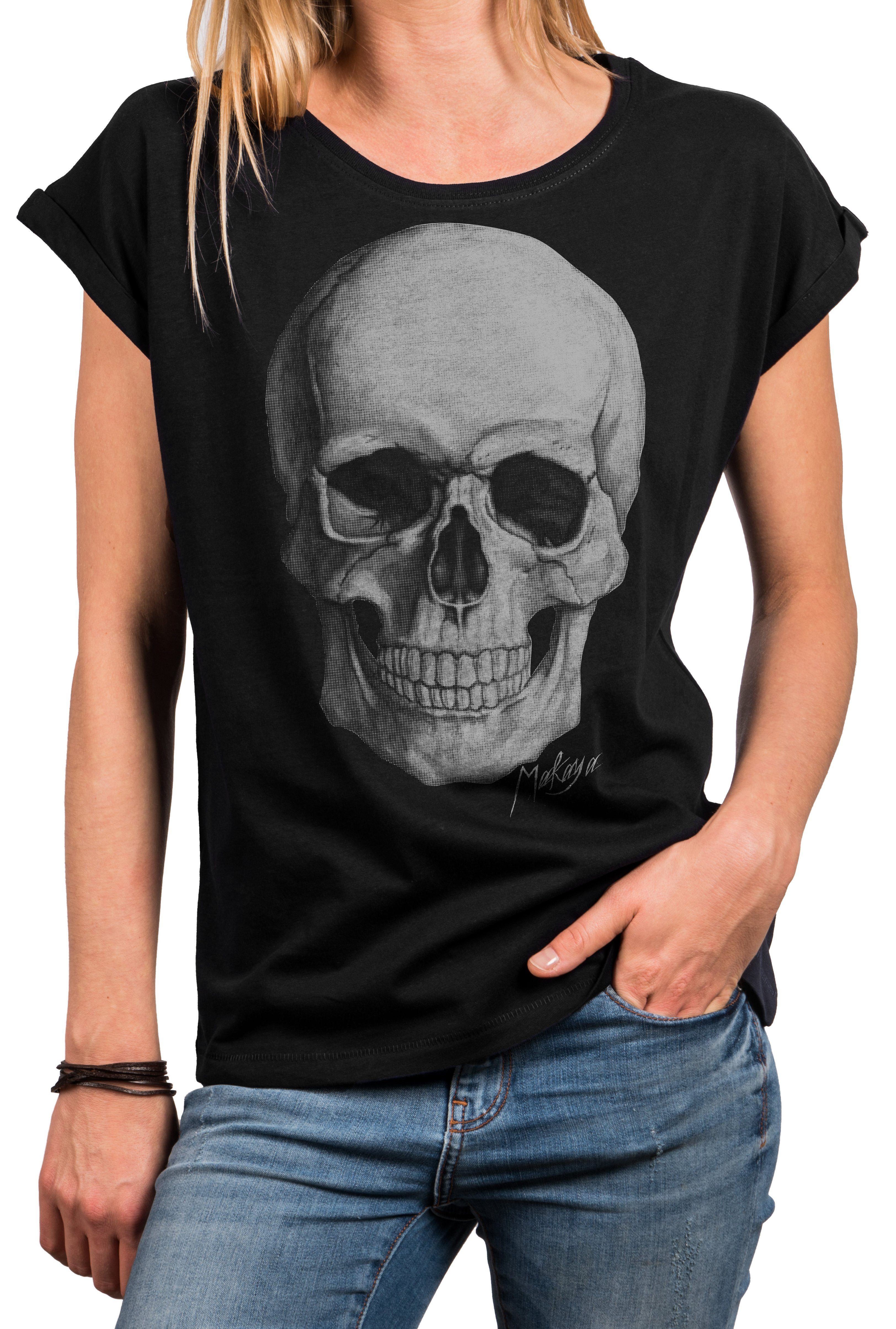 lässig Rock Oversize - Print-Shirt blau, MAKAYA schwarz, Shirt locker große grau) Damen Größen Skull (elegant, Sexy Tunika Sommer für