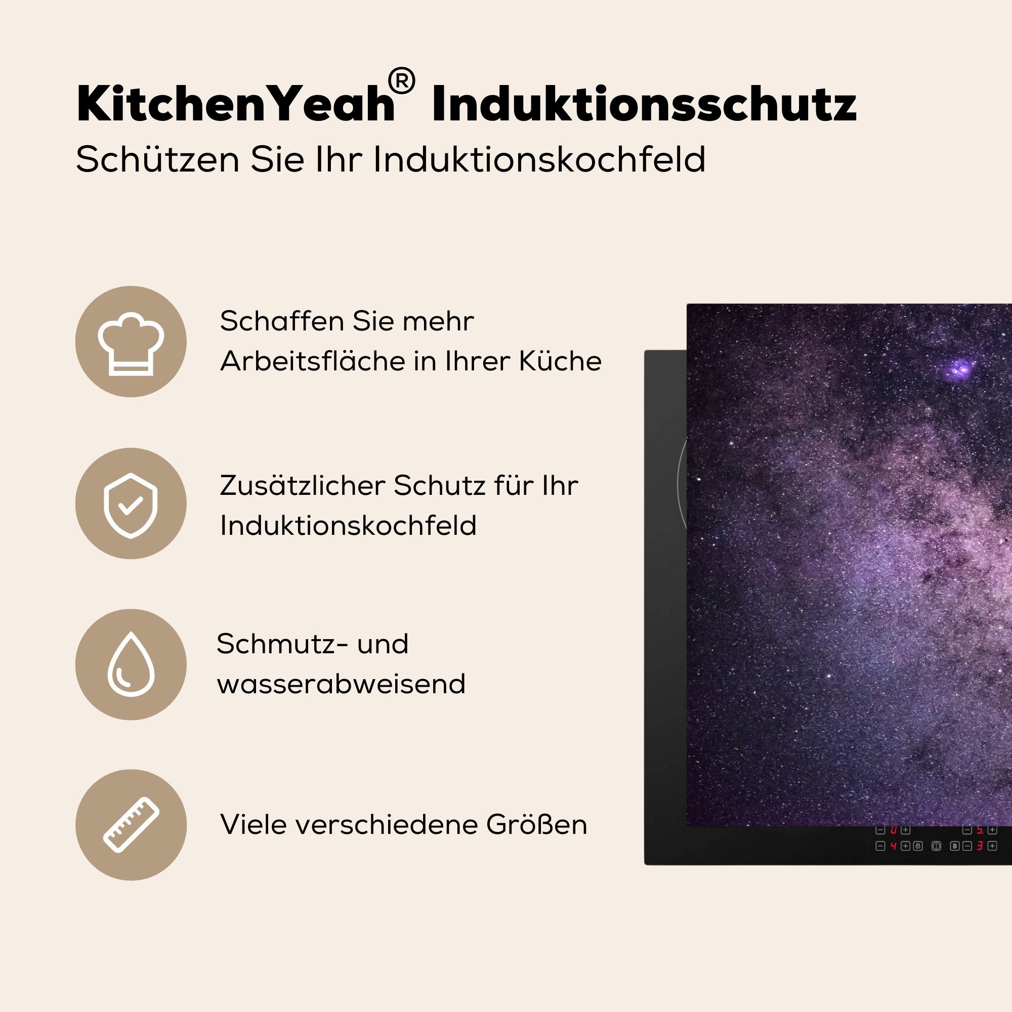 Die tlg), die violett leuchtende MuchoWow Induktionskochfeld Milchstraße, Herdblende-/Abdeckplatte Vinyl, 81x52 Ceranfeldabdeckung für Schutz küche, (1 cm,