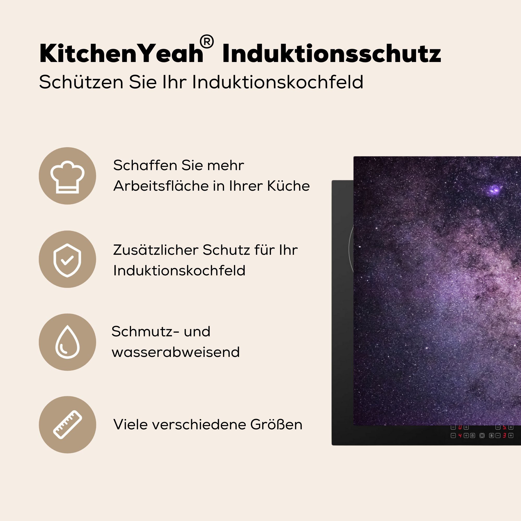 Die Ceranfeldabdeckung Milchstraße, für Herdblende-/Abdeckplatte violett cm, Induktionskochfeld die 81x52 (1 MuchoWow tlg), Vinyl, Schutz küche, leuchtende