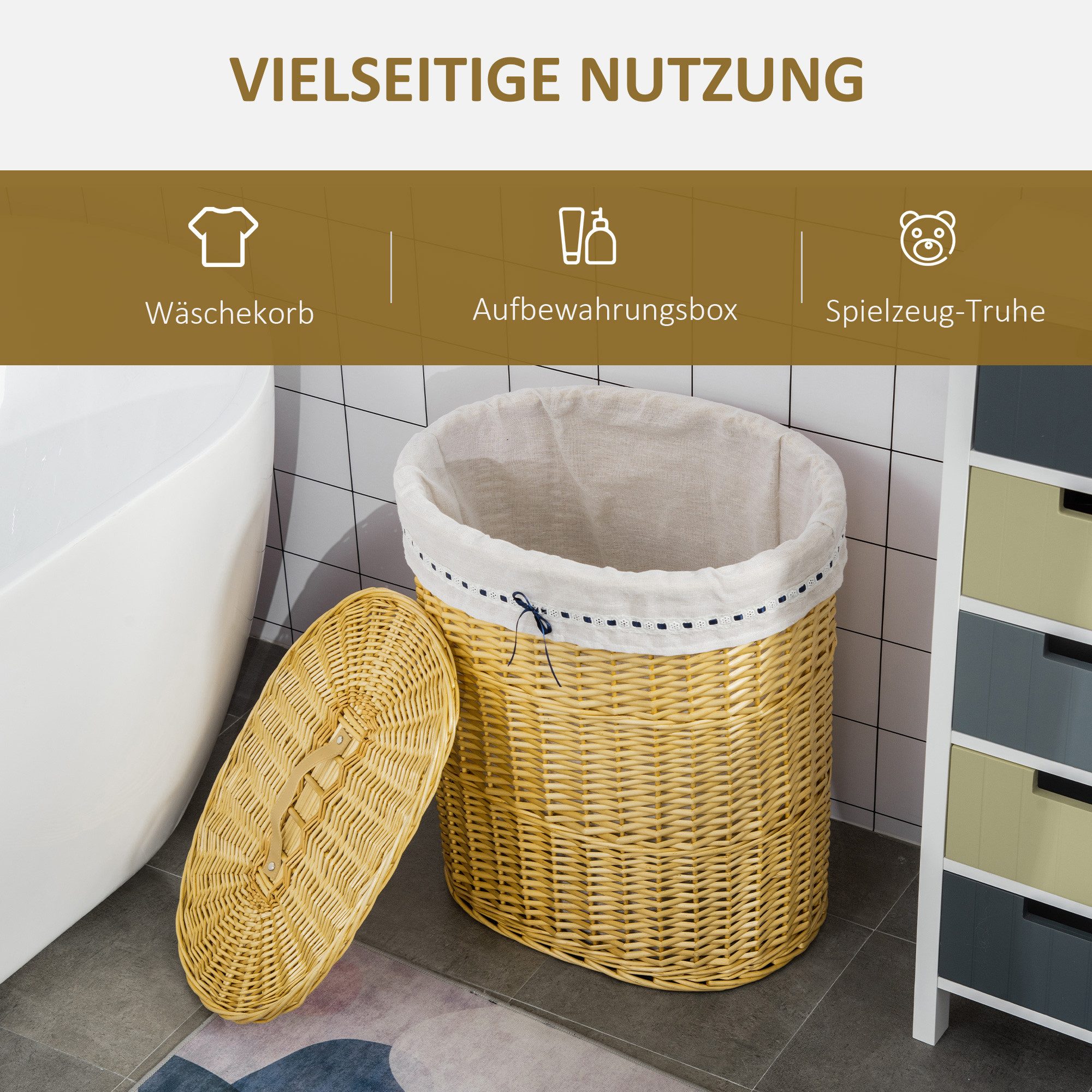 HOMCOM Wäschekorb Wäschesammler mit Deckel, mit Griff, Laundry Baskets (Wäschesammler, 1 St., Wäschebox), aus Weide, Natur 100L 51 x 38 x 57 cm – Bild 4 von 5