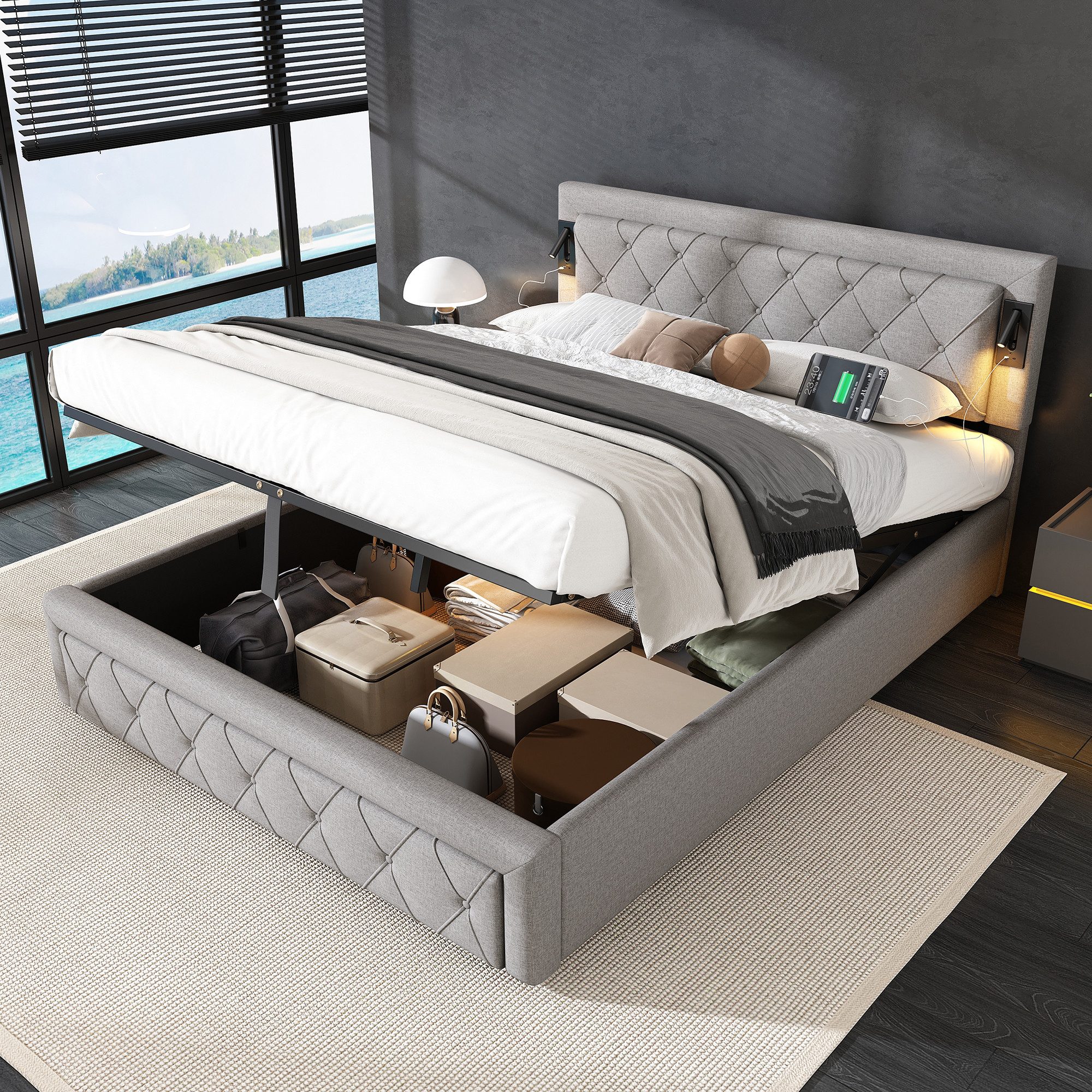 HAUSS SPOLE Polsterbett 160x200cm mit Downlight, USB, Rautenstreifen-Kopfte günstig online kaufen