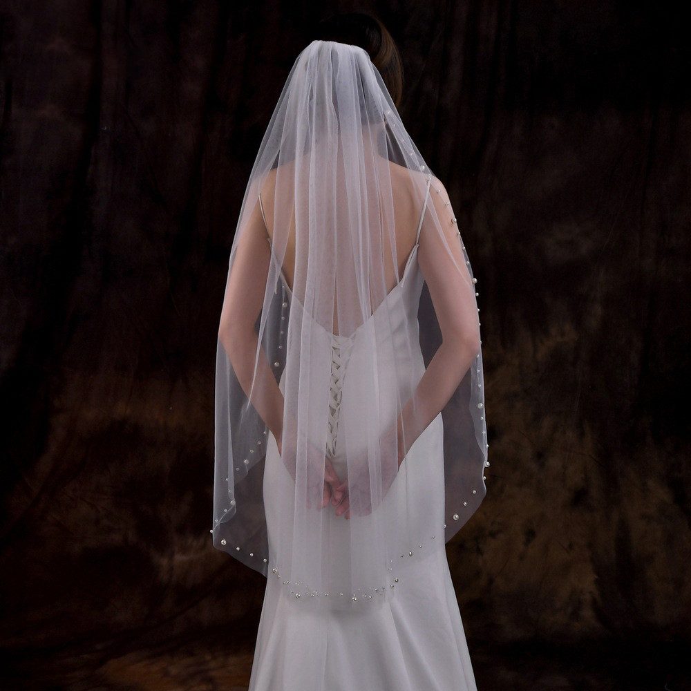 ZEUOPQ Schleier Braut Haar Zubehör Schleier, Bridal Veil (Wedding Lace Pearls Edge Veil, 1-tlg., Einfache weiße Perle Schleier, Tulle Veil Comb), Einlagig Hochzeit Haar Zubehör, Veils for Party Wedding, 100*160cm