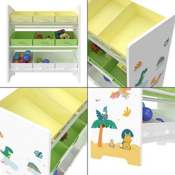 en.casa Kinderregal, »Boiro« Spielzeugregal mit 9 Boxen Dino-Motiv Grün / Gelb