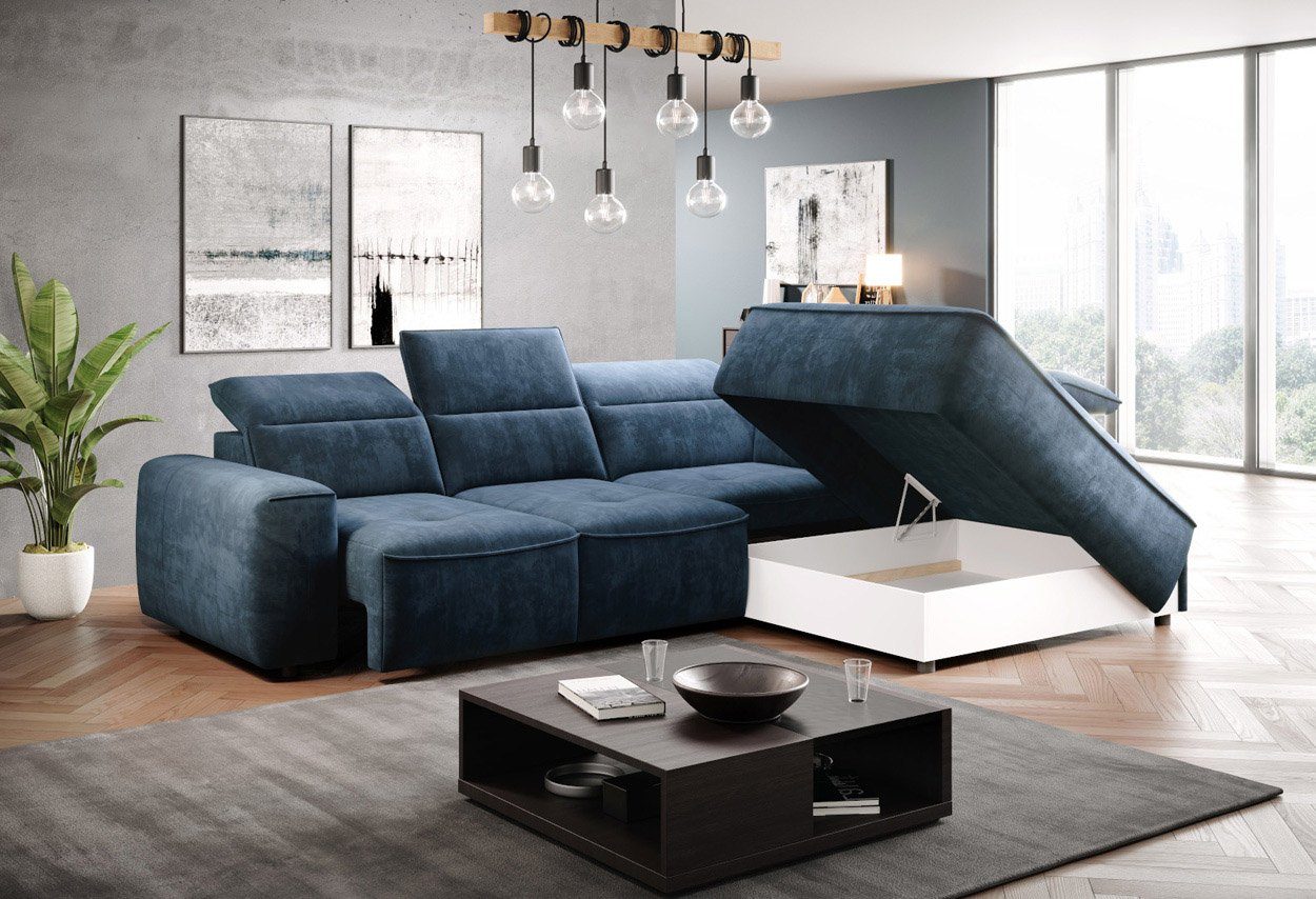 Design WOHNKLUSIV Sitztiefenverstellung, elektrische Kopfstützen Ecksofa elektrische Palladium Bettkasten, verstellbare Azur Sitztiefenverstellung, FERRARA, Ecksofa 13