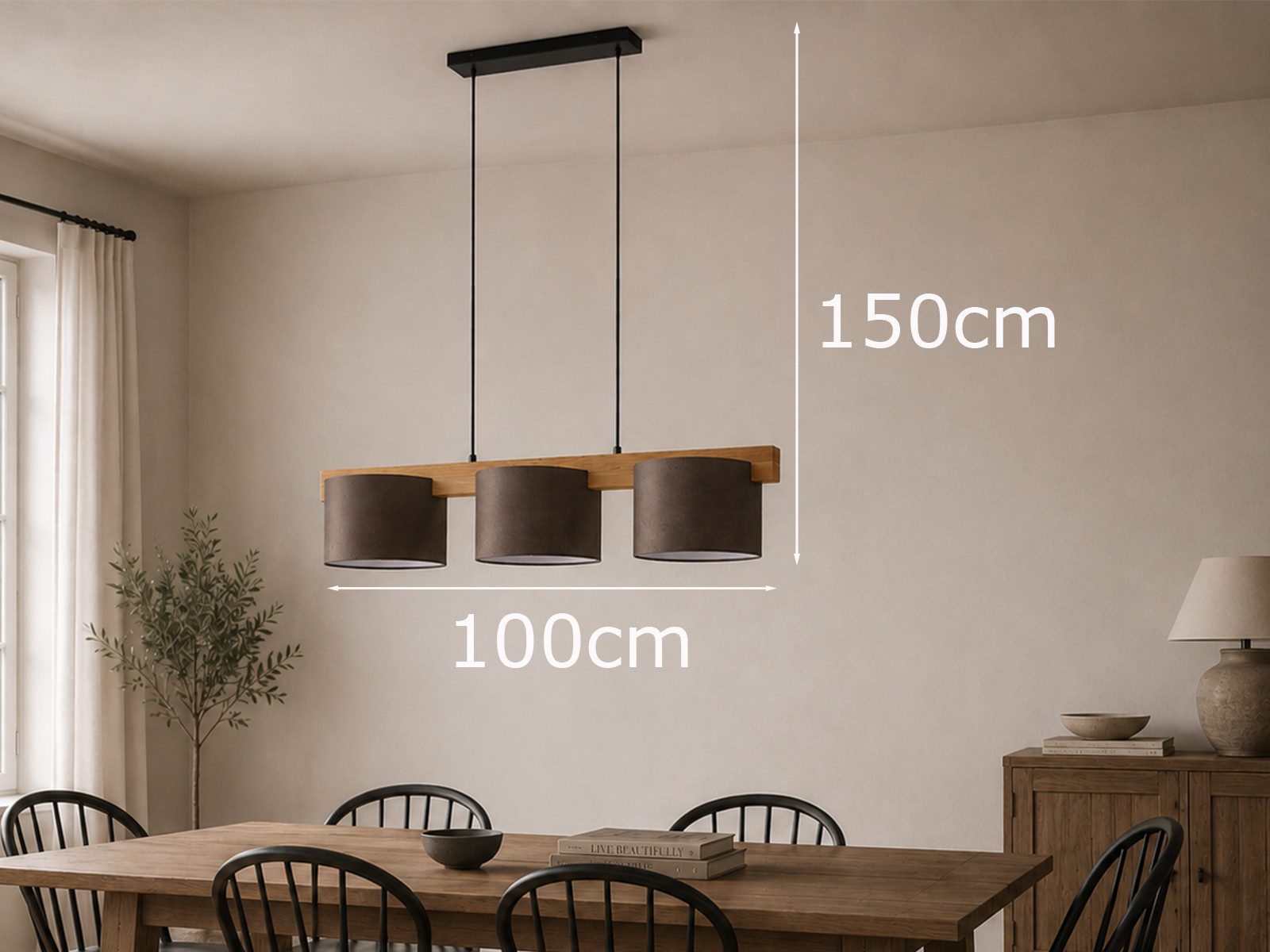 meineWunschleuchte Pendelleuchte mit Holz-Balken & Stoff, Breite 100cm, ohne Leuchtmittel, Esstisch-Lampe hängend, Holzlampe mehrflammig, Esszimmerlampe groß – Bild 4 von 5