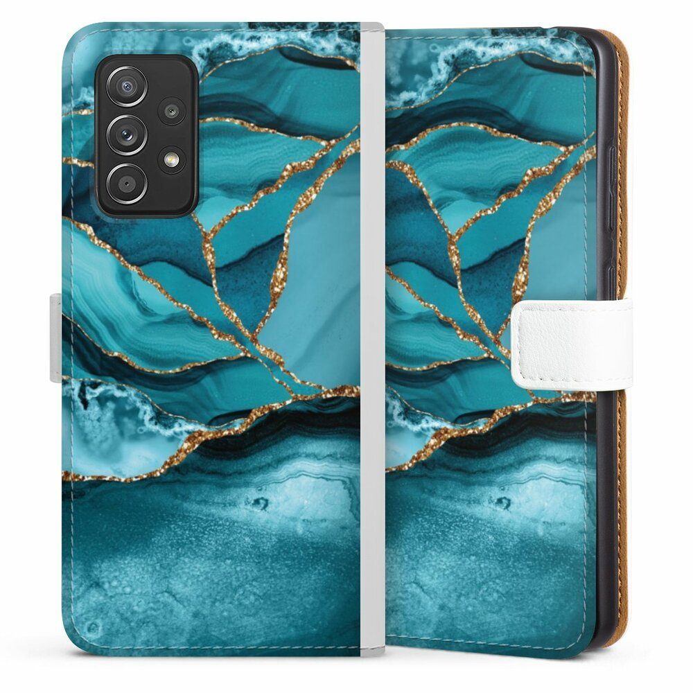 DeinDesign Handyhülle Edelstein Glitzer Look Marmor Eisblaue Marmor Landschaft, Samsung Galaxy A52 Hülle Handy Flip Case Wallet Cover