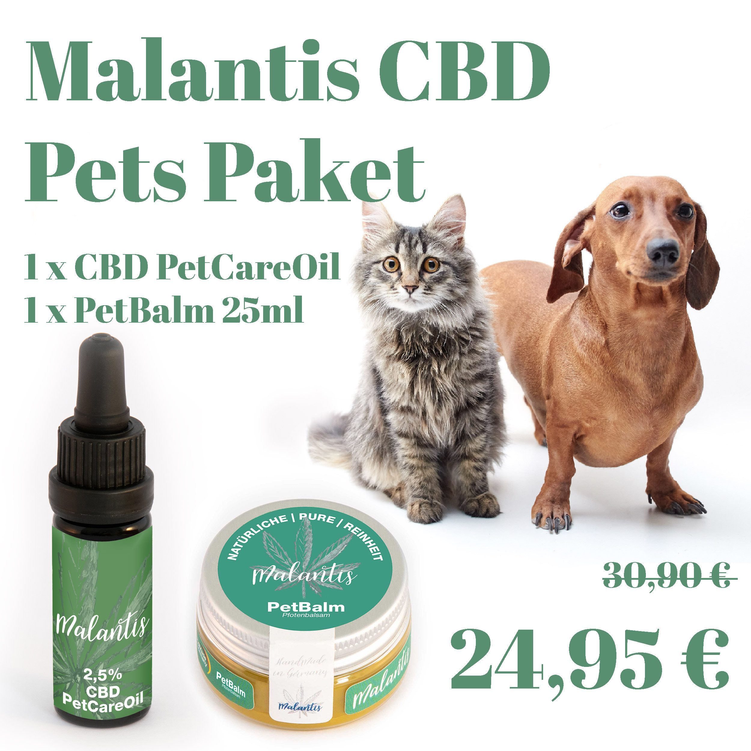 Malantis Pflege-Geschenkbox Malantis CBD Pets Paket – Pfotenbalsam & Fellpflegeöl 2-tlg. im Set PetBalm & PetCareOil mit Kokos-, Hanfsamen-, Mandel- & Rosmarinöl - Pfotenbalsam + Fellpflege, 2-tlg., CBD für Tiere - Handmade in Germany