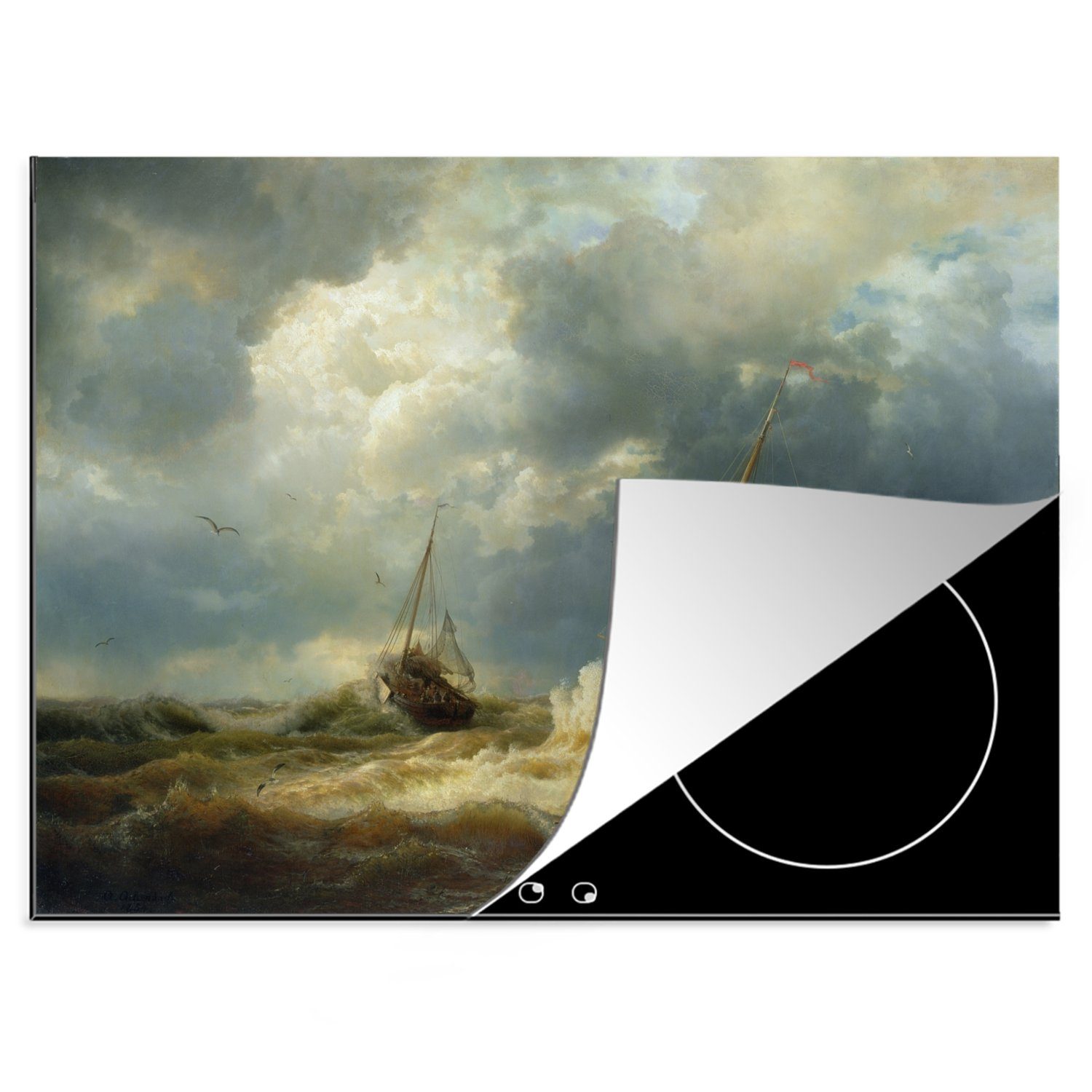 MuchoWow Herdblende-/Abdeckplatte Schiffe in einem Sturm vor der niederländischen Küste - Gemälde von, Vinyl, (1 tlg), 70x52 cm, Mobile Arbeitsfläche nutzbar, Ceranfeldabdeckung