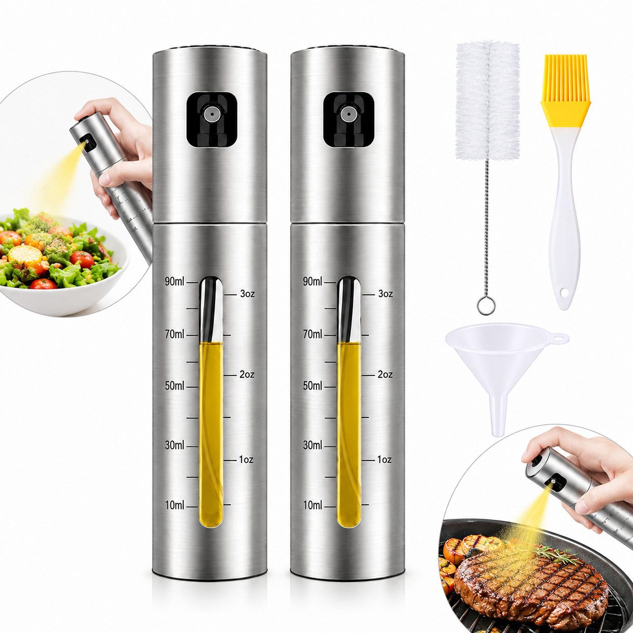 Toomoke Ölspender Ölsprüher Edelstahl 2er Set 100ml mit Zubehör für Küche & BBQ, (Hochwertiger Ölzerstäuber mit Messskala, 5-tlg., feinem Sprühnebel und praktischem Zubehör), ideal zum Kochen, Grillen, Backen, für Salate und Heißluftfritteusen