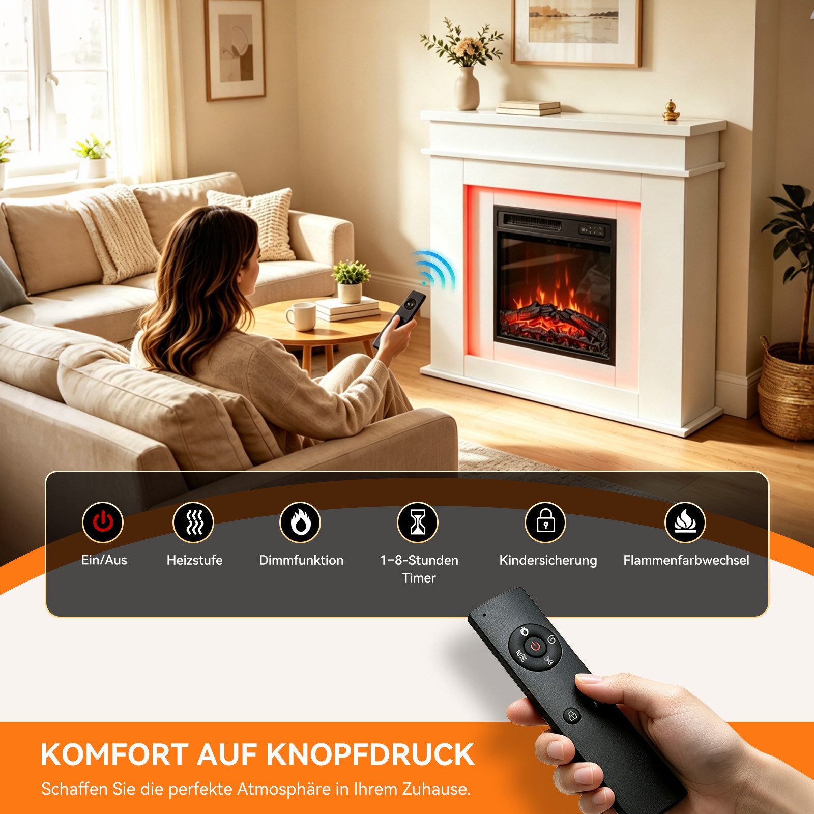 HOMAVO Elektrokamin mit Schrank, 18", 900/1800 W Heizung, 3D-Flammeneffekt, Schrankgröße: 101 × 35 × 89 cm, Timer & Überhitzungsschutz – Bild 5 von 5