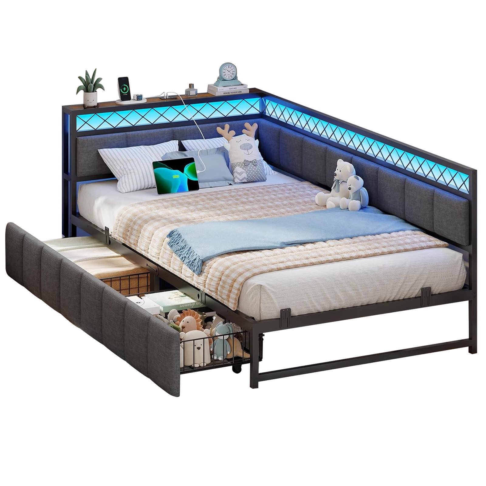 MSMASK Polsterbett mit LED-Beleuchtung und USB-Steckdosen, 90x200cm (1-tlg., Ohne Matratze), Schlafsofa, Jugendbett Tagesbett Daybett Kinderbett