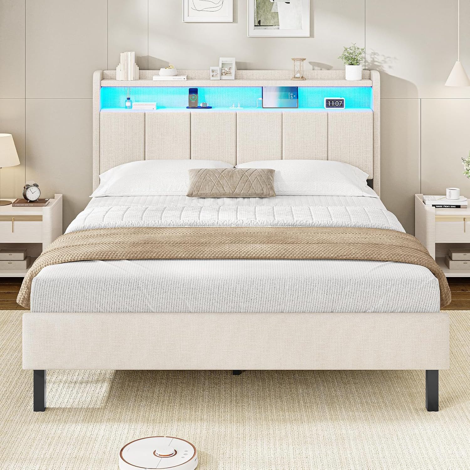 MSMASK Polsterbett mit integrierter LED-Beleuchtung und Ladestation, Stauraumbett (Ohne Matratze), Jugendbett Doppelbett mit Holzlattenrost, 140x200cm