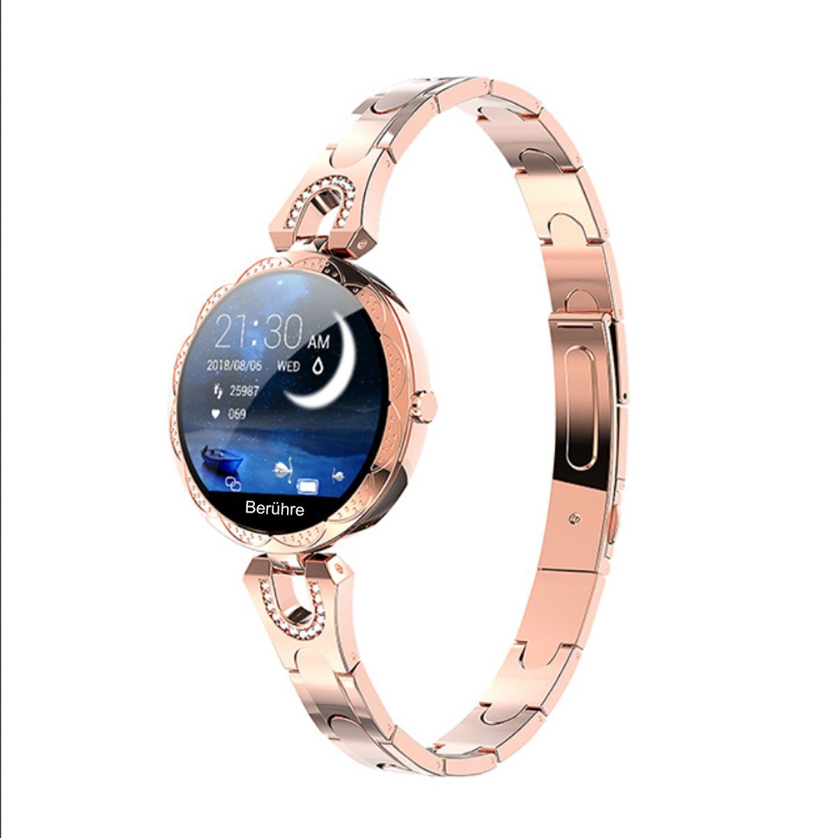 TPFNet SW33 mit elegantem Edelstahl Armband für Damen Smartwatch (Android), individuelles Display - Armbanduhr mit Musiksteuerung, Herzfrequenz, Schrittzähler, Kalorien, Sportmodus etc. - Gold