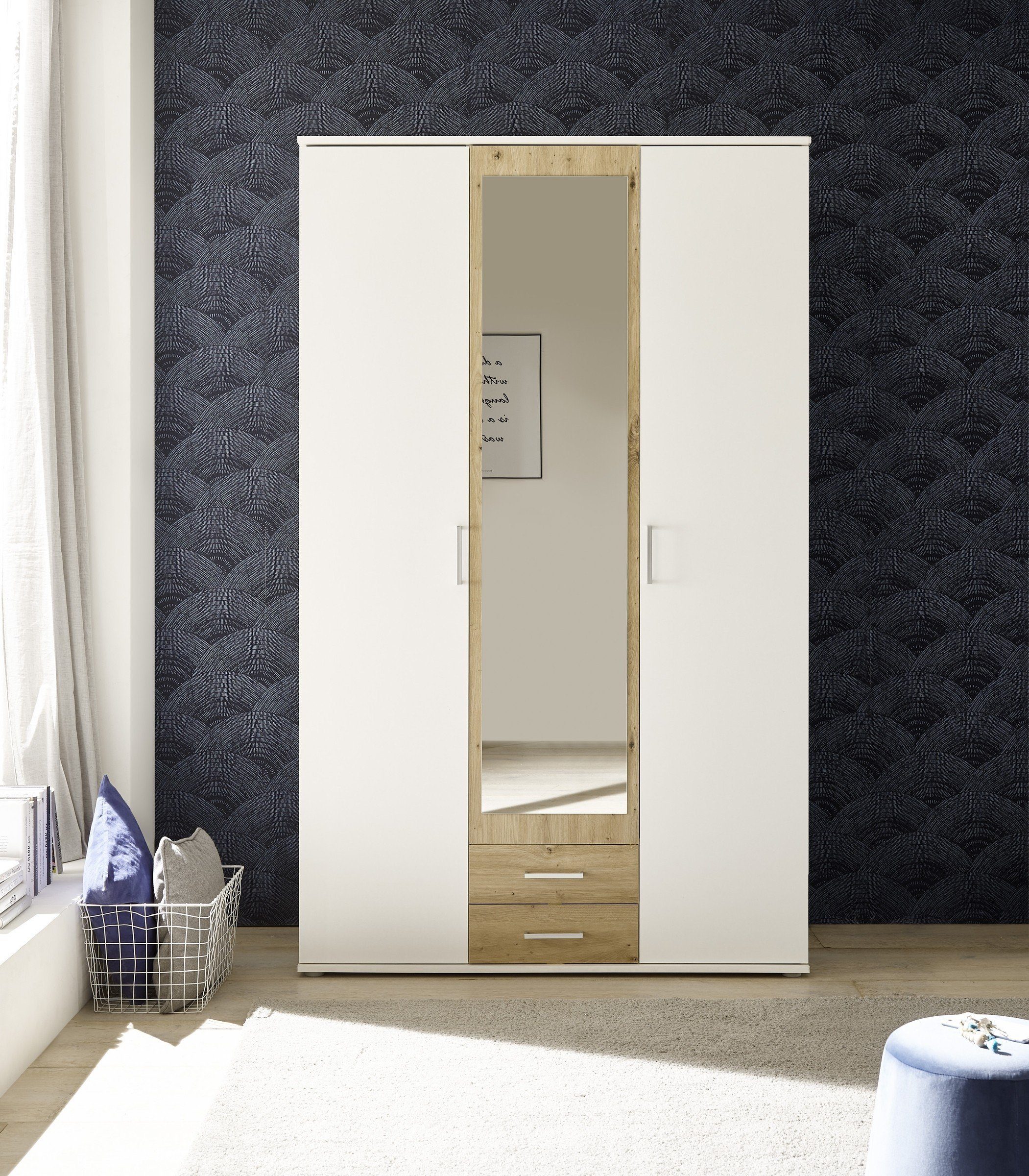 möbelando Kleiderschrank Hanau in Weiß / Artisan Eiche mit 2 Schubladen und 3 Türen