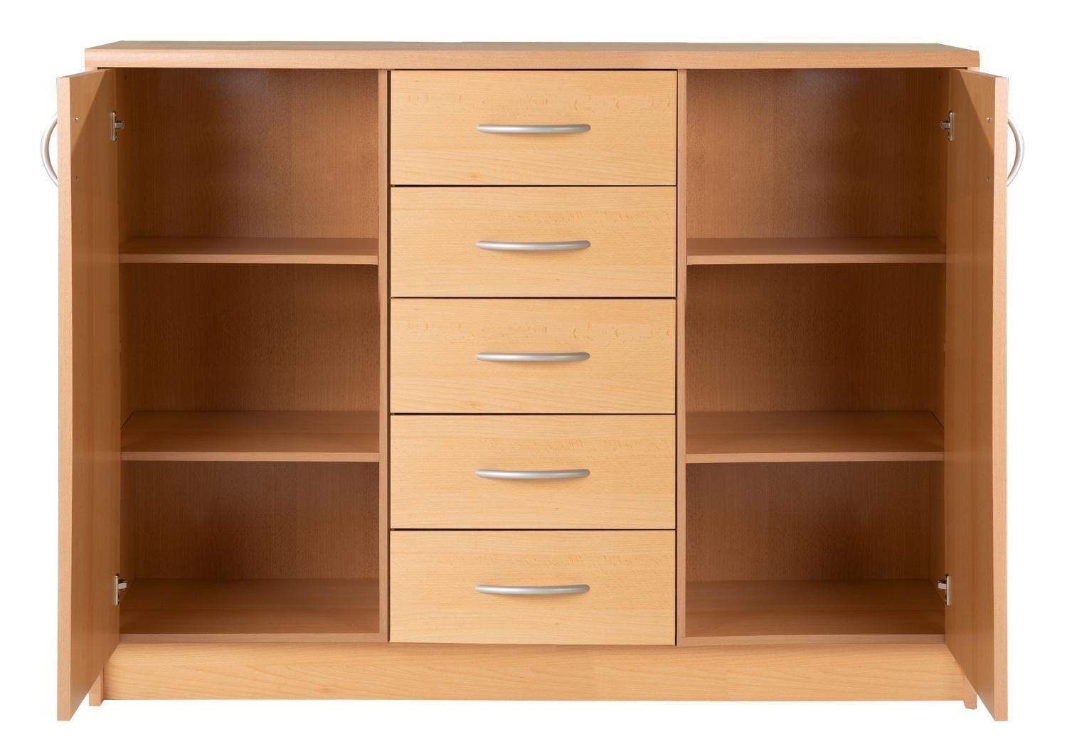 Kommode OPTIMUS, B 109 cm, H 86 cm, Buchedekor braun, 2 Türen, 5 Schubladen, 4 höhenverstellbare Einlegeböden