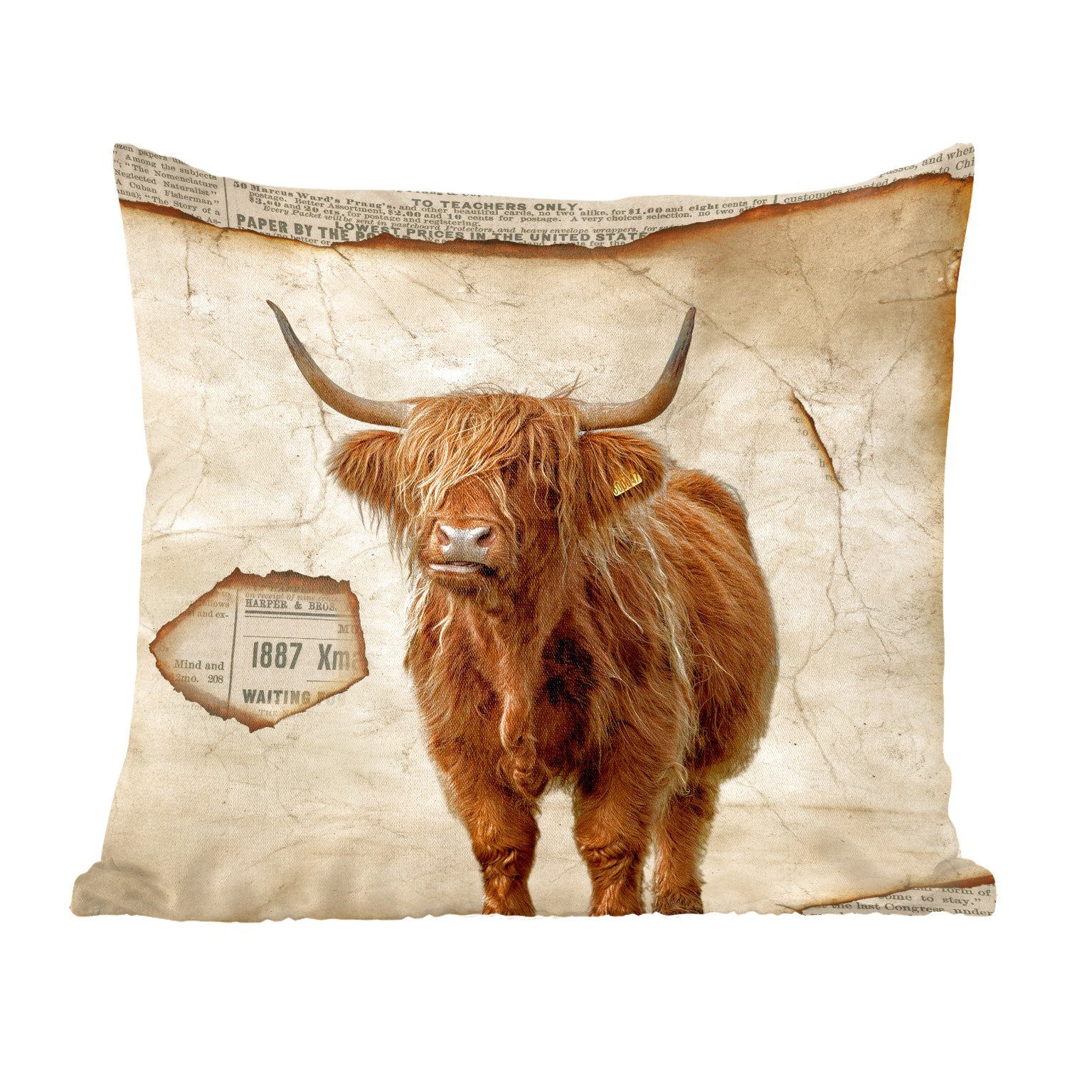 MuchoWow Dekokissen Schottischer Highlander - Vintage - Kuh, Zierkissen mit Füllung für Wohzimmer, Schlafzimmer, Deko, Sofakissen | Dekokissen