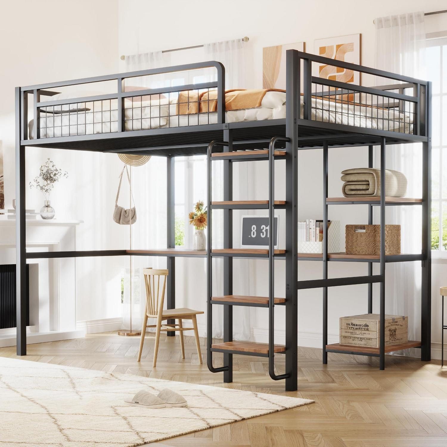 LuxusKollektion Hochbett Hochbett Metall 140x200 mit Schreibtisch (1-St)
