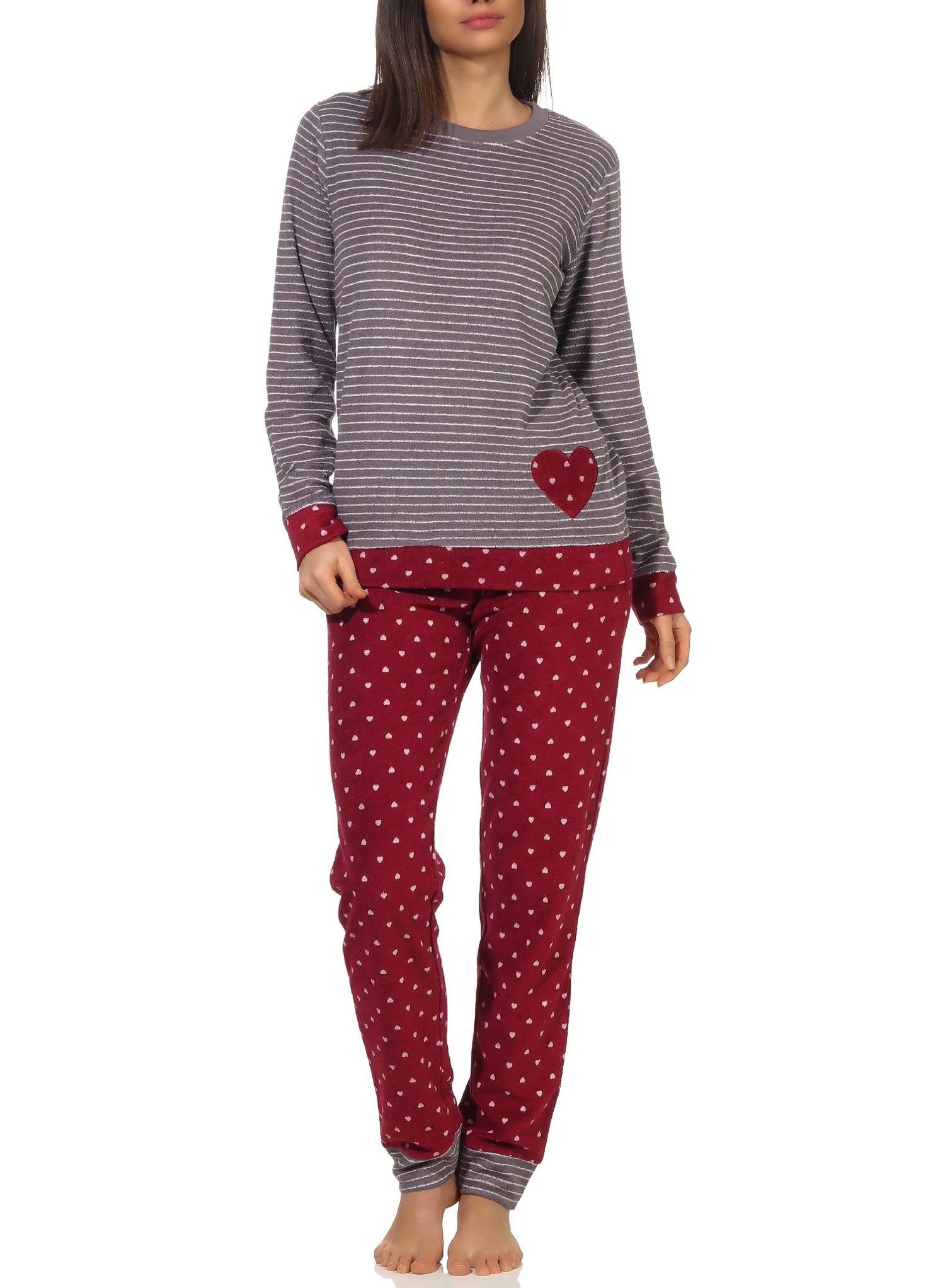 Normann Pyjama Damen Frottee Pyjama mit Bündchen im Herz Tupfen- und Ringeldesign