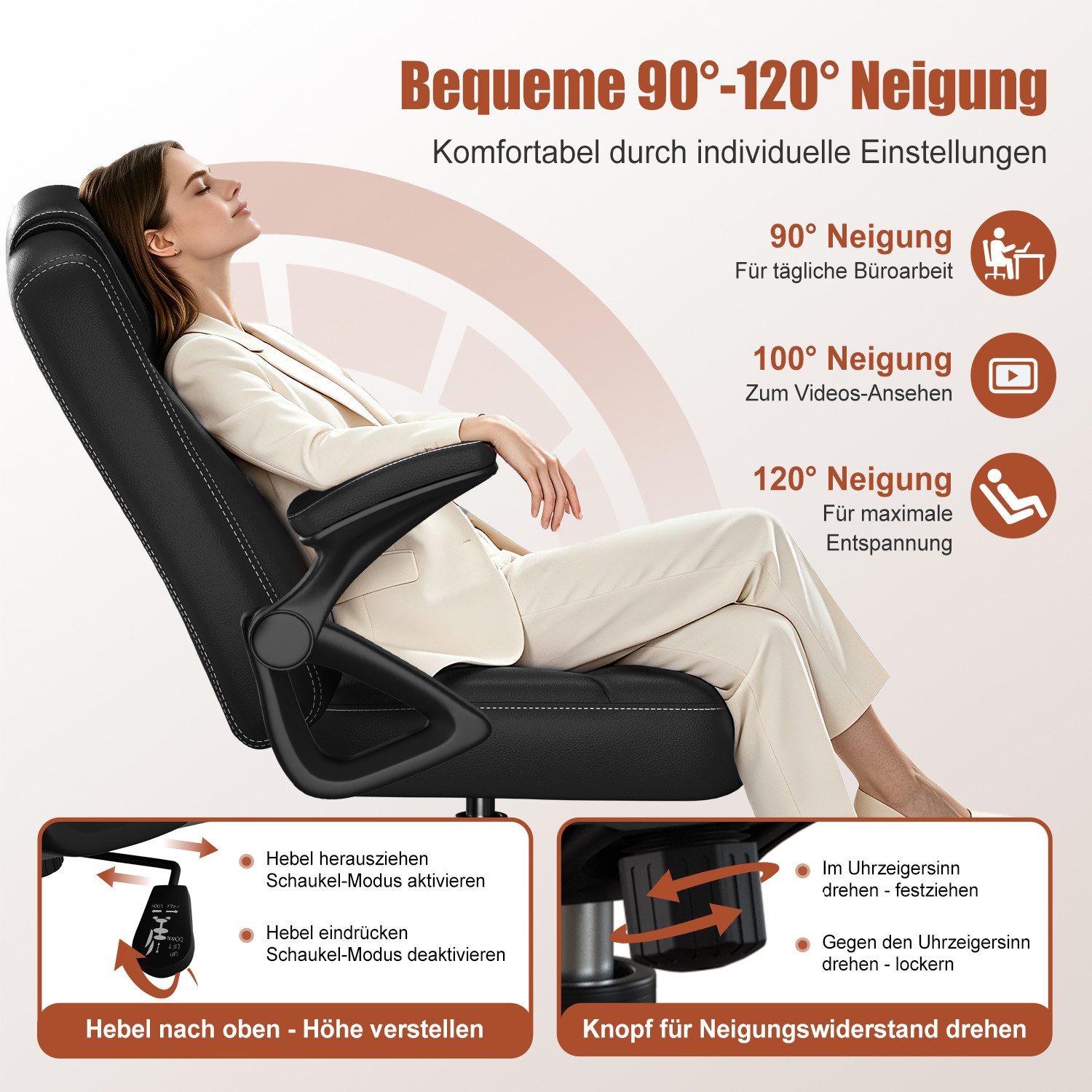 Homimaster Bürostuhl Ergonomischer Bürostuhl mit 90° Klapparmlehnen (Verstellbare Rückenlehne & hoher Sitzkomfort, Schreibtischstuhl mit 90-120° Neigungsfunktion & Lendenwirbelstütze), bis 150 kg belastbar