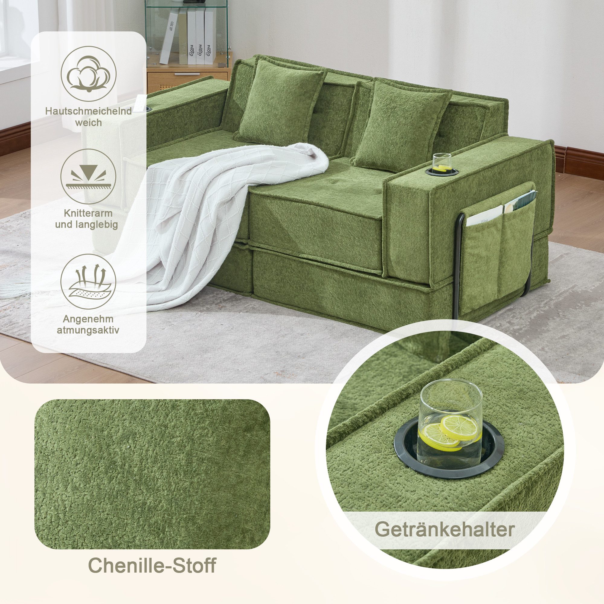 REDOM Sofa Zweisitzer aus Stoff mit 2 Kissen, Doppelschlafsofa inkl. Fußhocker mit Stauraum und Getränkehaltern, Loungesofa Ecksofa