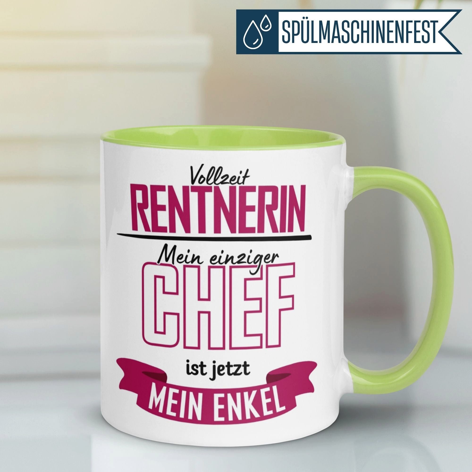 Momentals Tasse Rentnerin – „Einziger Chef ist jetzt mein Enkel“ – Geschenk Rente Frau, Gratis Versand · Links-&Rechtshänder · Spülmaschinenfest