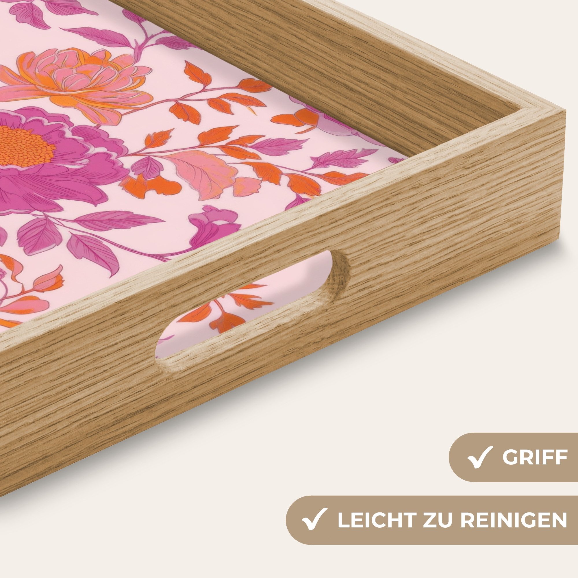 OnlyWow Tablett Rechteckig mit Henkel Florales Muster - Rosa - Orange - Blumen, Eichenholz, (1-tlg), Siervierplatte, Tray, Frühstücksbrett